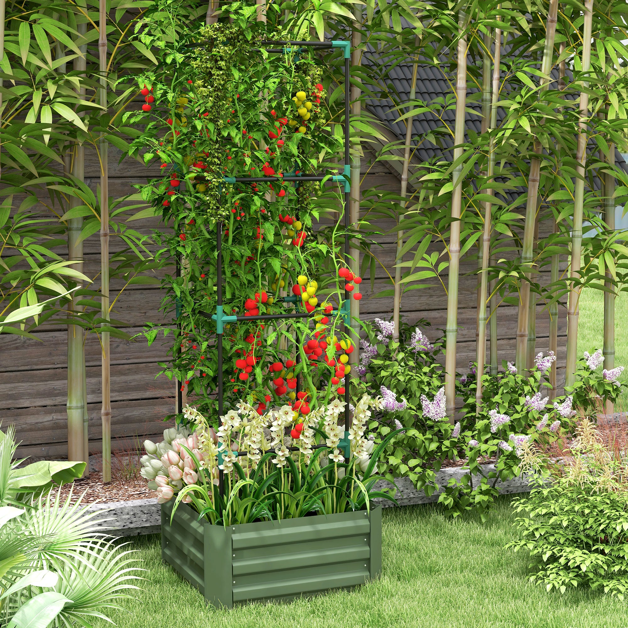 Galvanized Planter Box, Outdoor Raised Garden Bed with 4-Tier Trellis Tomato Cage for Climbing Vines, Vegetables, Green