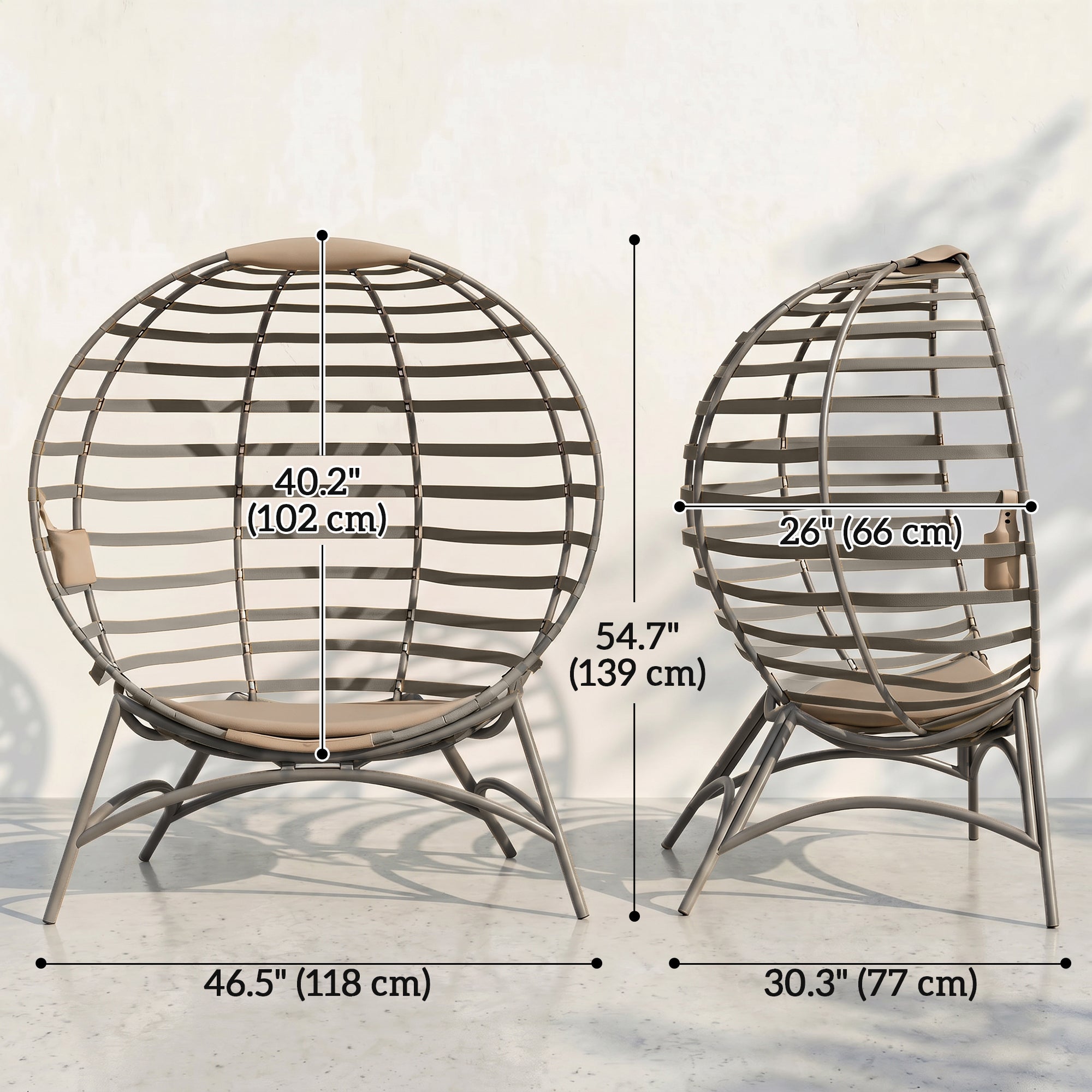 Egg Chair, Patio Lounge Chair, Foldable Basket Chair with Large Seat Cushion, Side Pocket, Sand