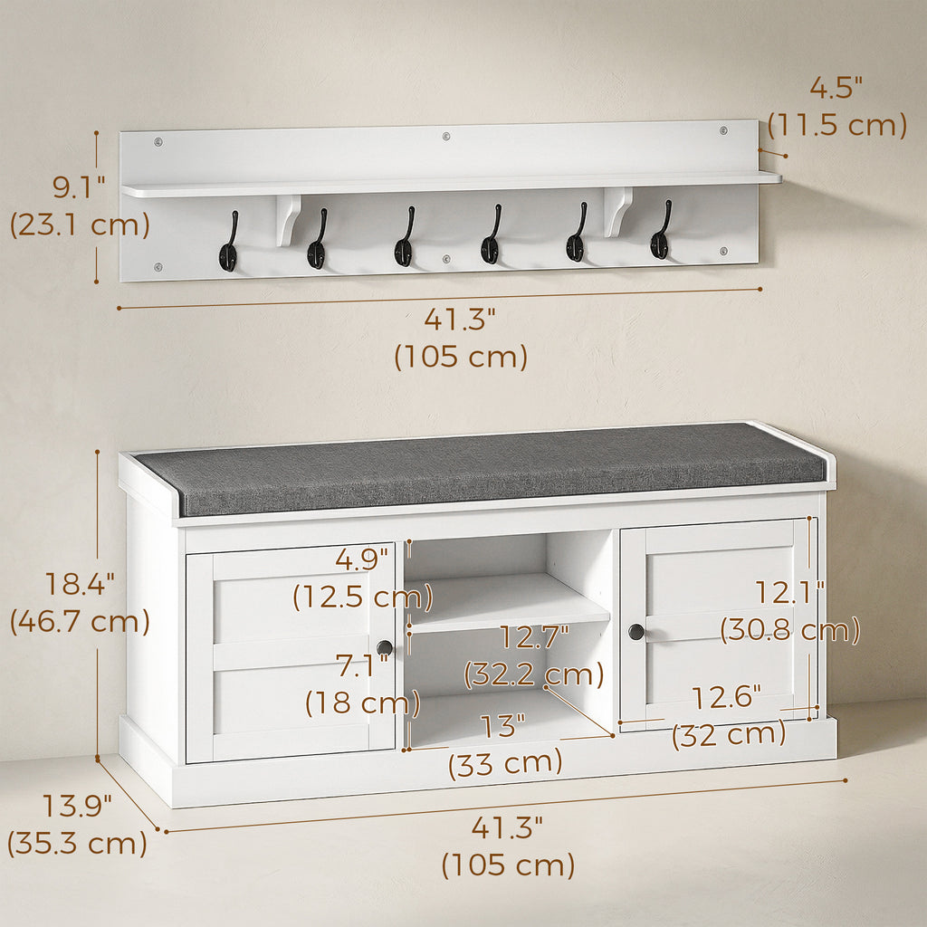 2 in 1 Coat Rack Shoe Bench Set with 6 Hooks and Shoe Storage Bench, White and Grey