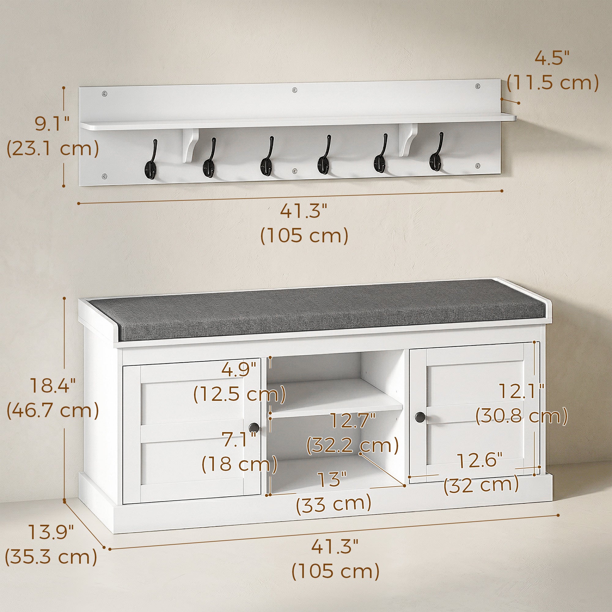 2 in 1 Coat Rack Shoe Bench Set with 6 Hooks and Shoe Storage Bench, White and Grey