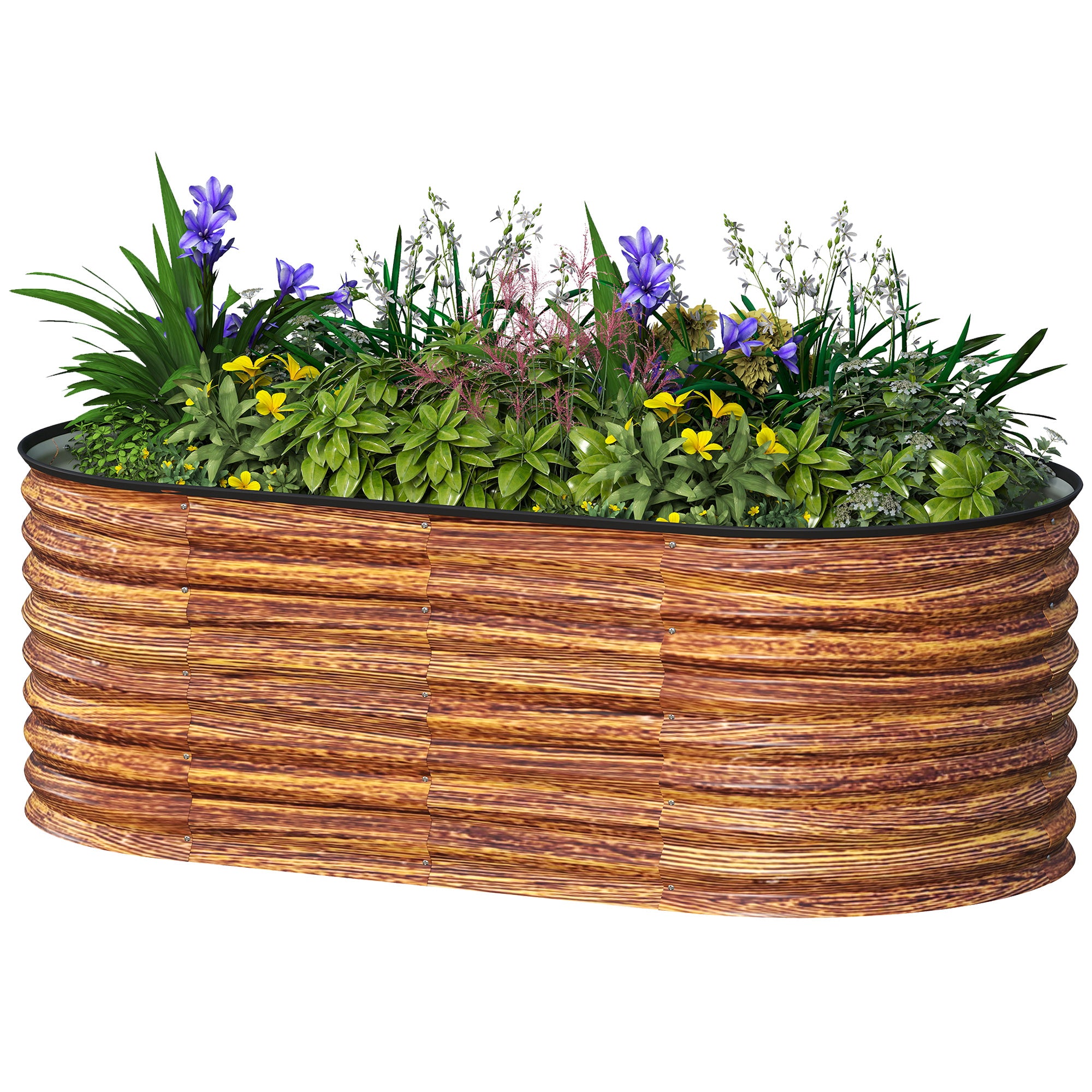 5 x 2.5 x 2 ft Galvanized Raised Garden Bed, Easy DIY Oval Planter Box with Safety Edging and Gloves, Brown Wood Effect