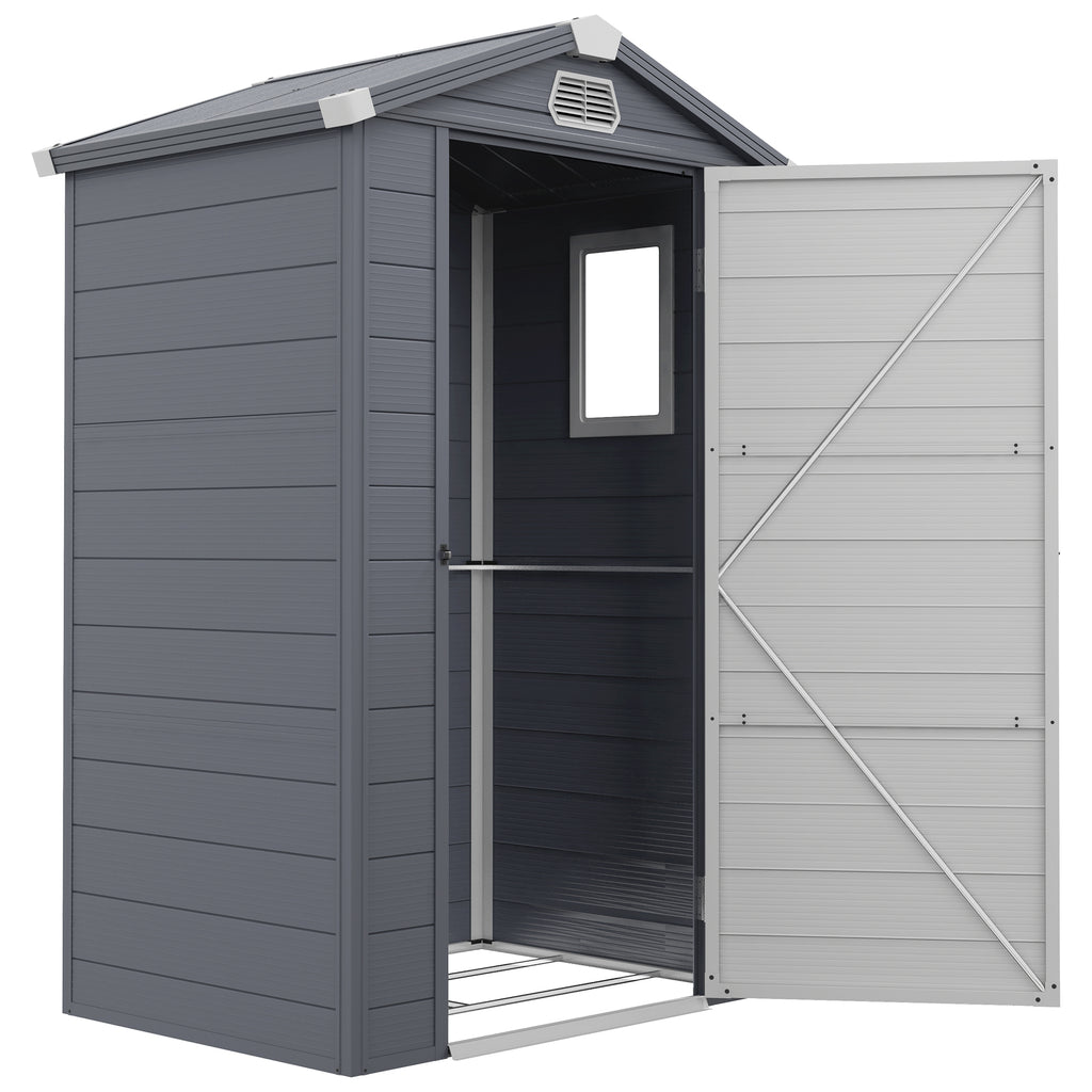 4.4' x 3.3' Plastic Garden Storage Shed with Latch Door, Vents, Sloped Roof, Grey