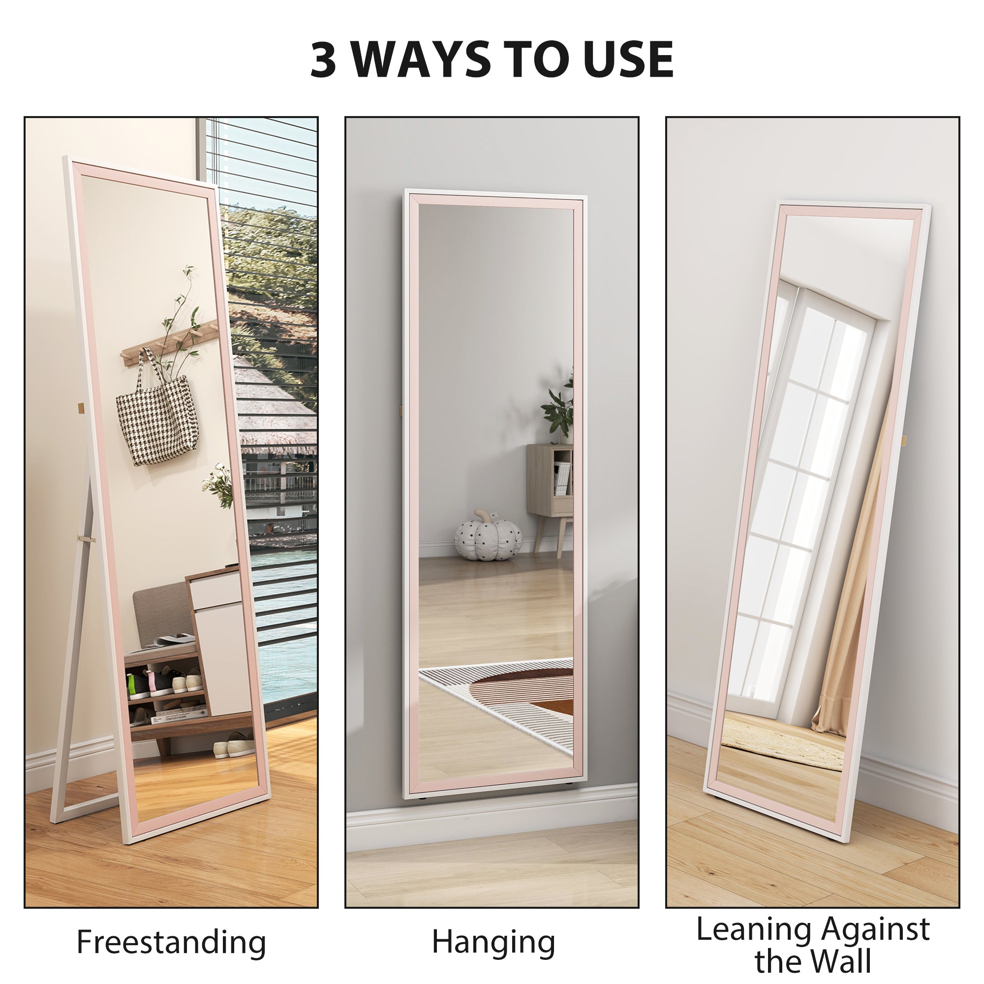 64" x 21" Full Length Mirror, Rectangular Full Body Mirror with Frame, Standing, Hanging or Leaning, White and Pink