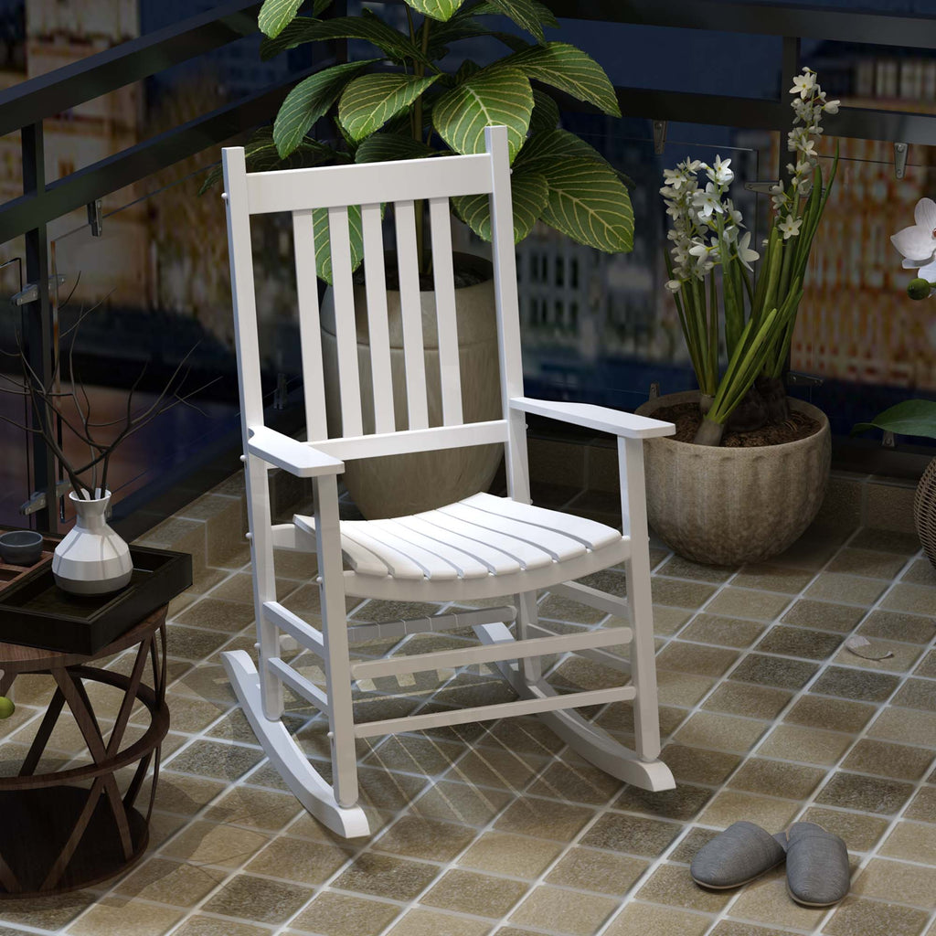 Wooden White Porch Rocking Chair Patio Rocking Single Leisure Reclining Seat Armchair