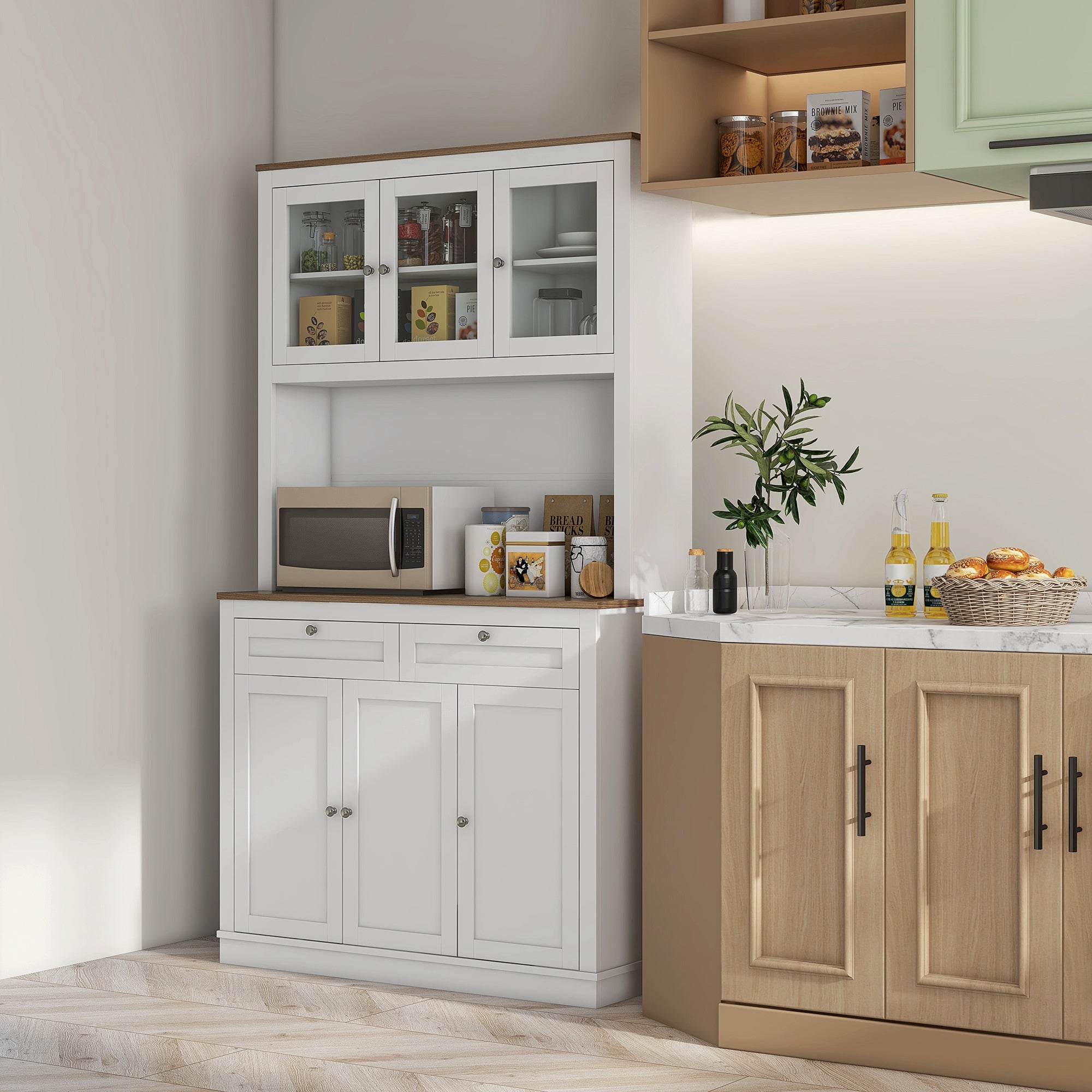 71" Pantry Cabinet with Microwave Space, Buffet with Hutch, 2 Drawers, Adjustable Shelves and Glass Doors, White