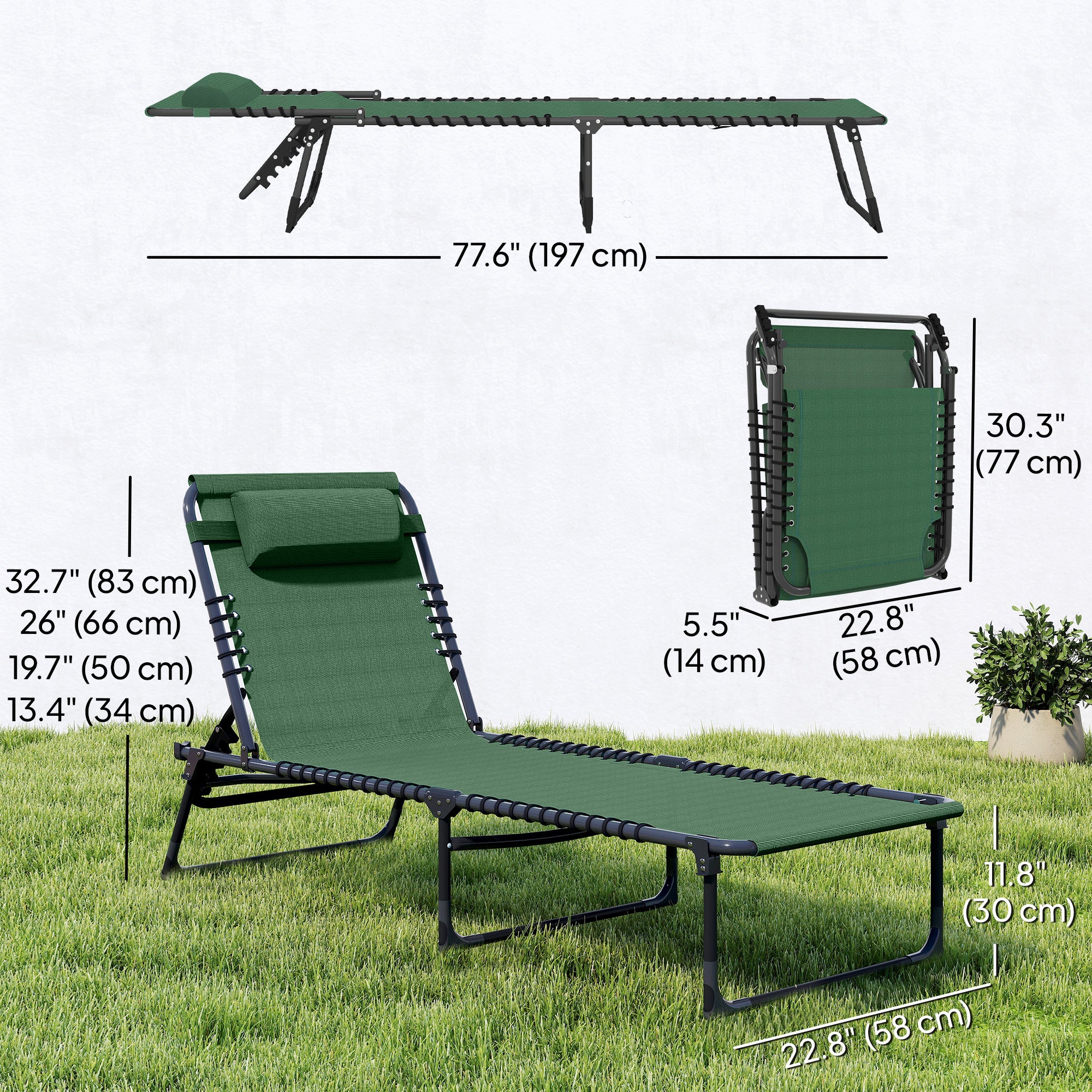 Folding Lounge Chair, Adjustable Chaise Lounge with Headrest, Reclining Lounger Cot for Camping, Hiking, Green