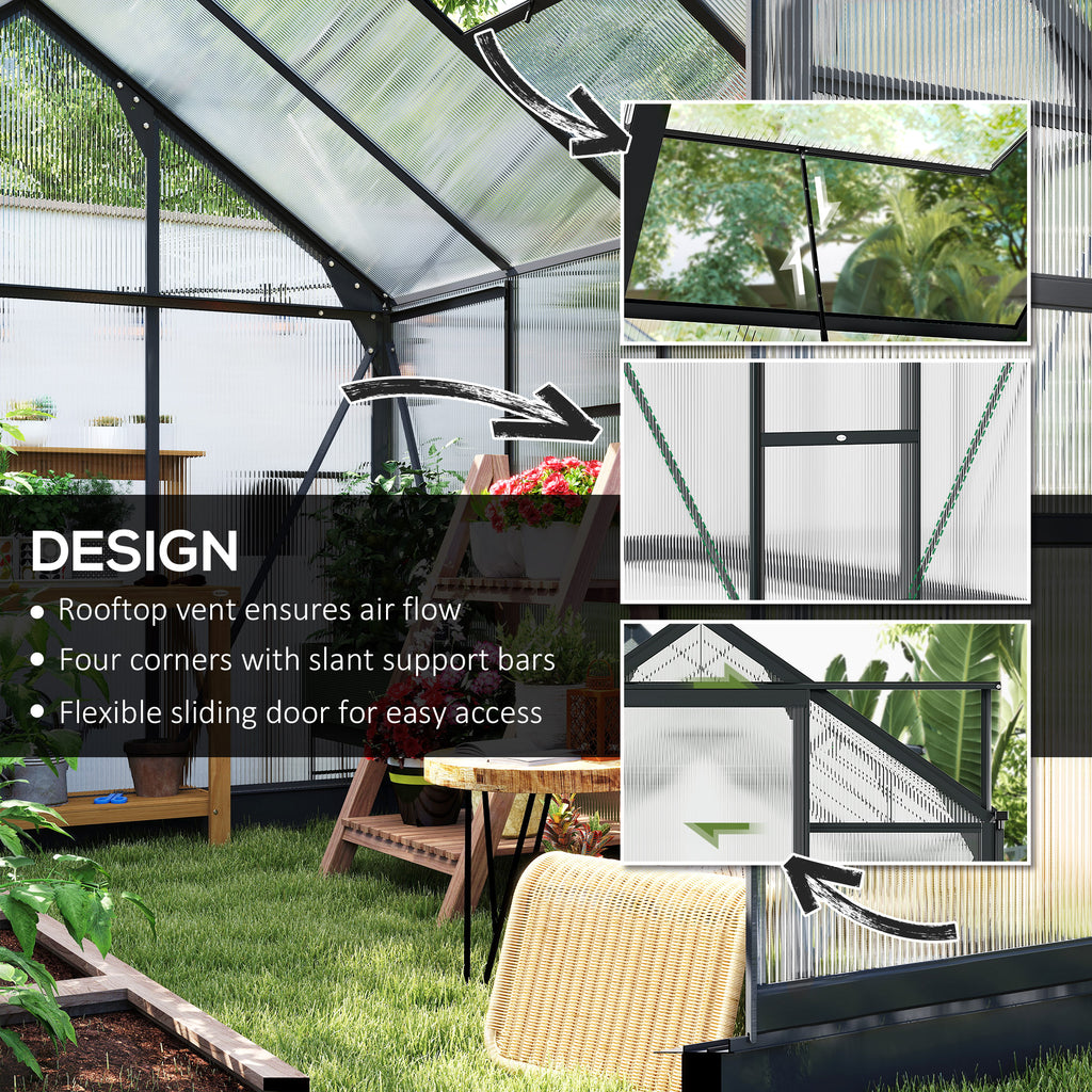 Greenhouse Kit with Rooftop vent, PC Board and Sliding Door, 6.2' x 8.3' x 6.6' Garden Greenhouse, Grey
