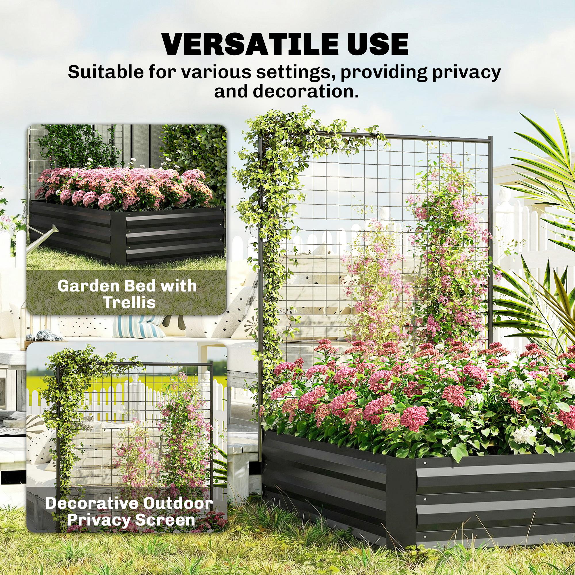 Galvanized Raised Garden Bed with Trellis for Climbing Plants, Outdoor Planter Box with Open Bottom, Black