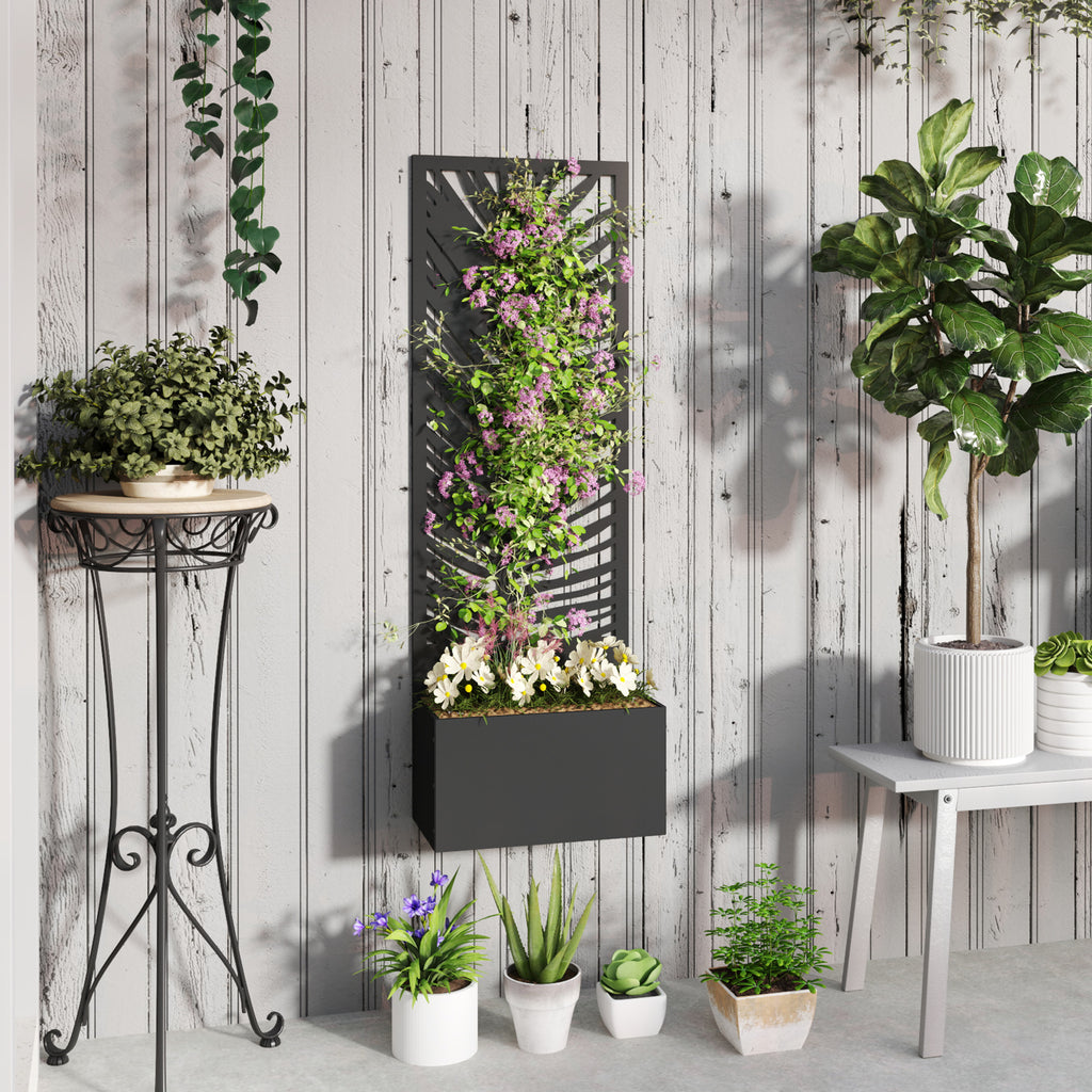 Raised Garden Bed with Outdoor Privacy Screen, Metal Planter Box with Trellis, Wall-Mounted or Freestanding, Black