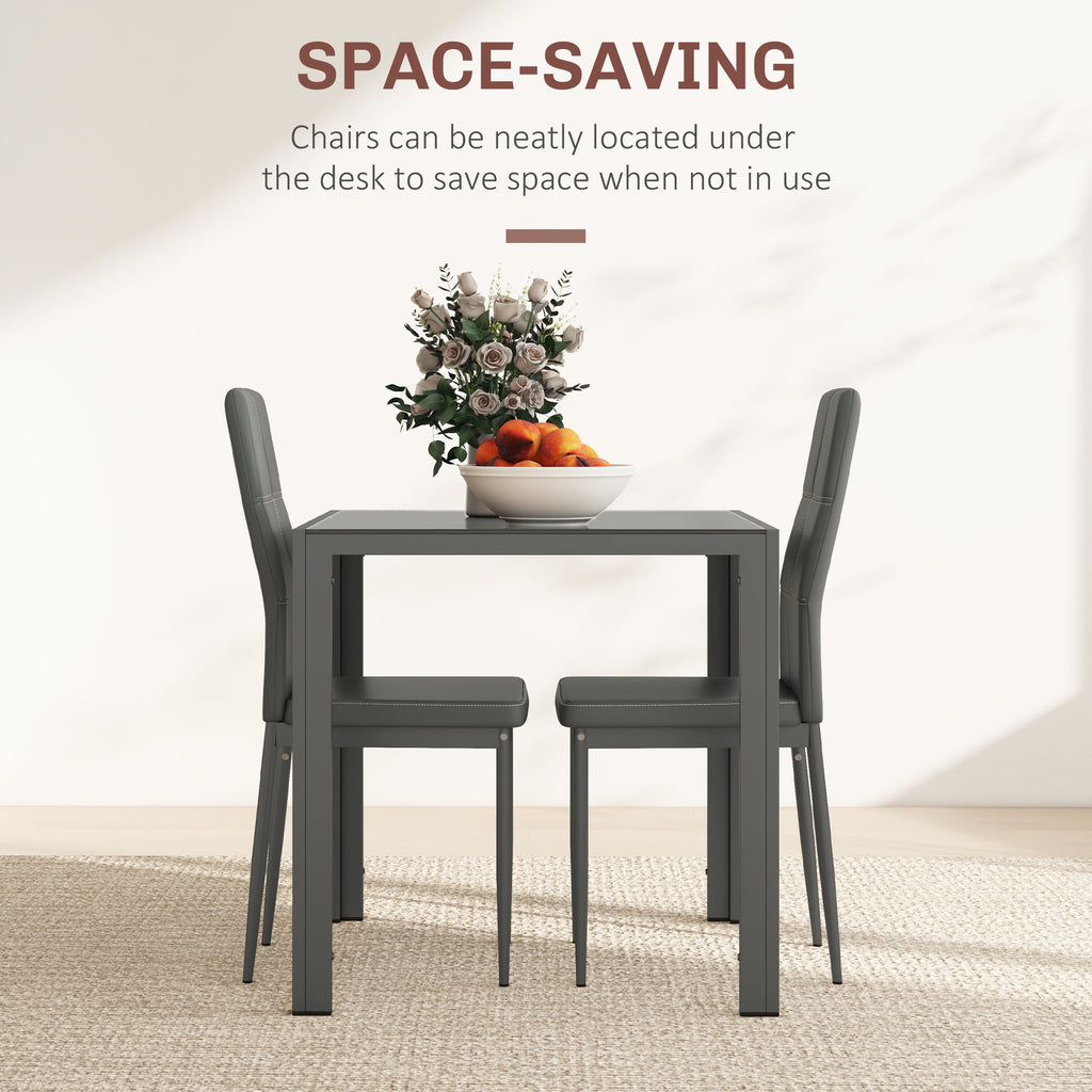 3-Piece Rectangular Glass Kitchen Table and Chairs with Metal Frame and Faux Leather Upholstery for Dining Room, Grey