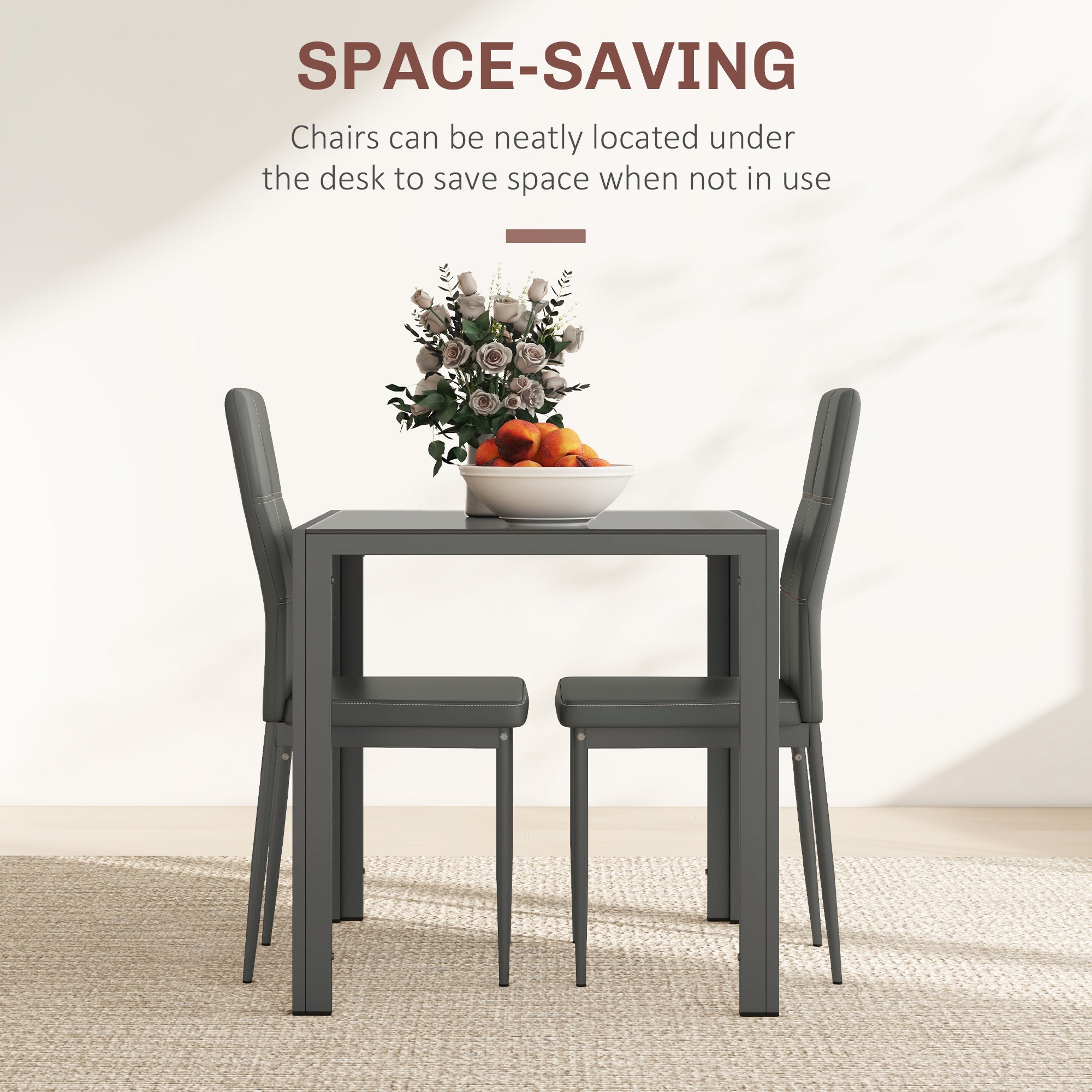 3-Piece Rectangular Glass Kitchen Table and Chairs with Metal Frame and Faux Leather Upholstery for Dining Room, Grey