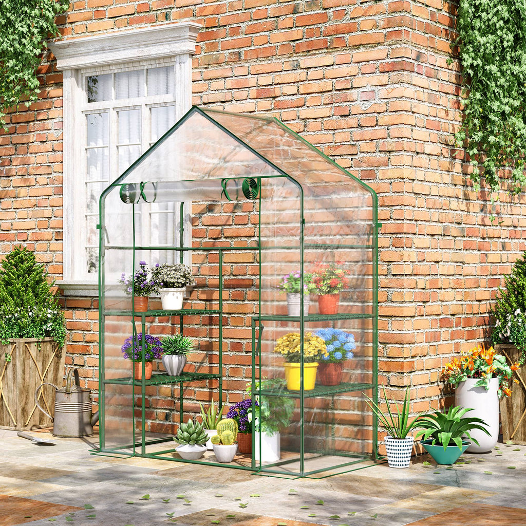 56" x 29" x 77" Walk-in Greenhouse, Mini Greenhouse with 4 Shelves, Roll-Up Door and Weatherized Cover, Clear