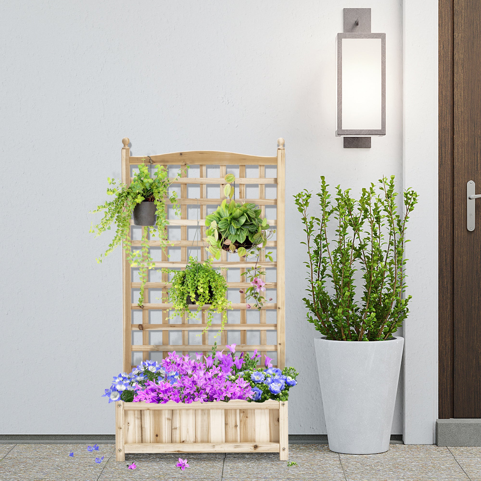 Raised Garden Bed with Trellis, Wood Planter Box for Garden, Free Standing Flower Bed, 25.2" x 11" x 47.2" Natural Wood