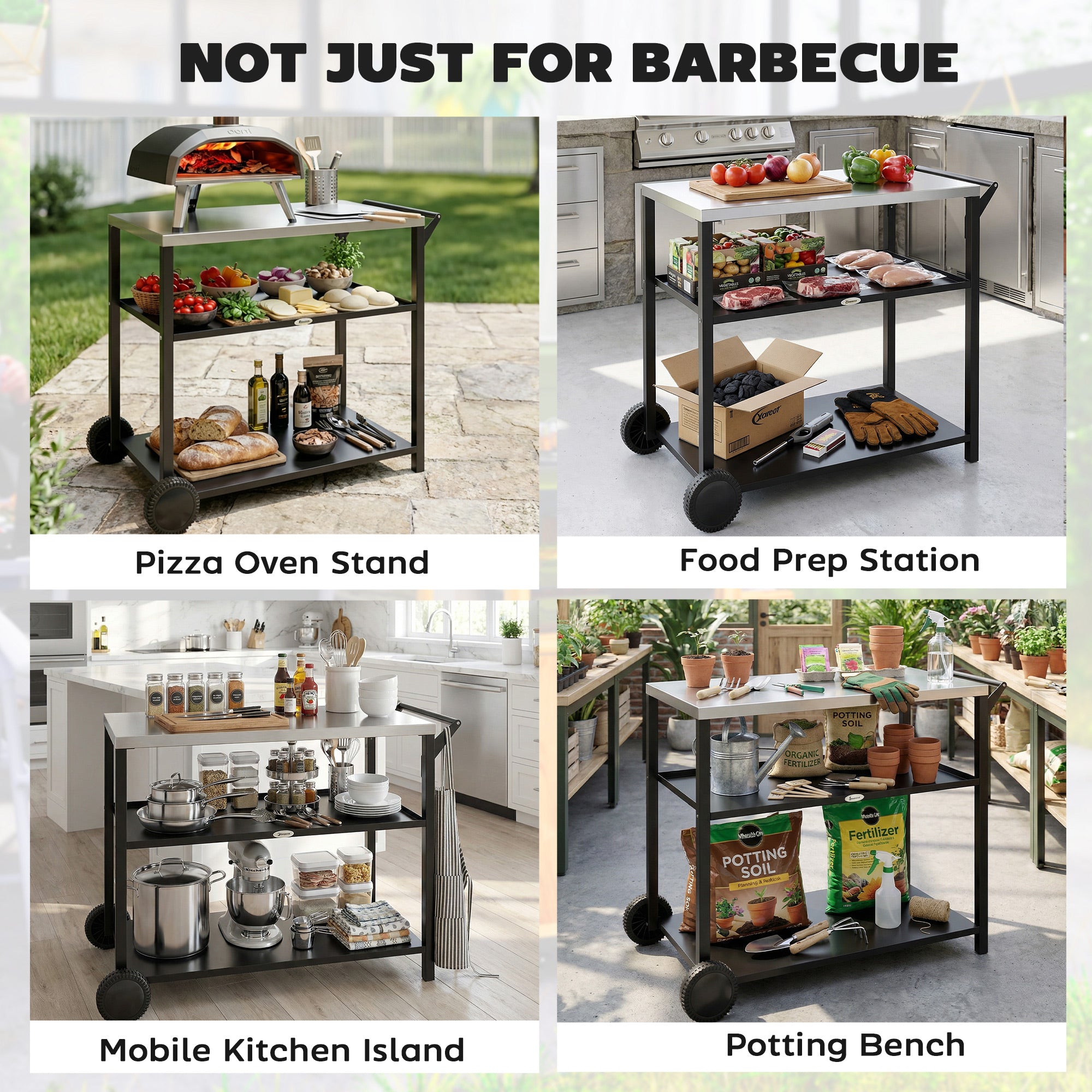 Outdoor Grill Cart with Stainless Steel Top, Three-Tier Pizza Oven Stand, BBQ Cart on Wheels, Black