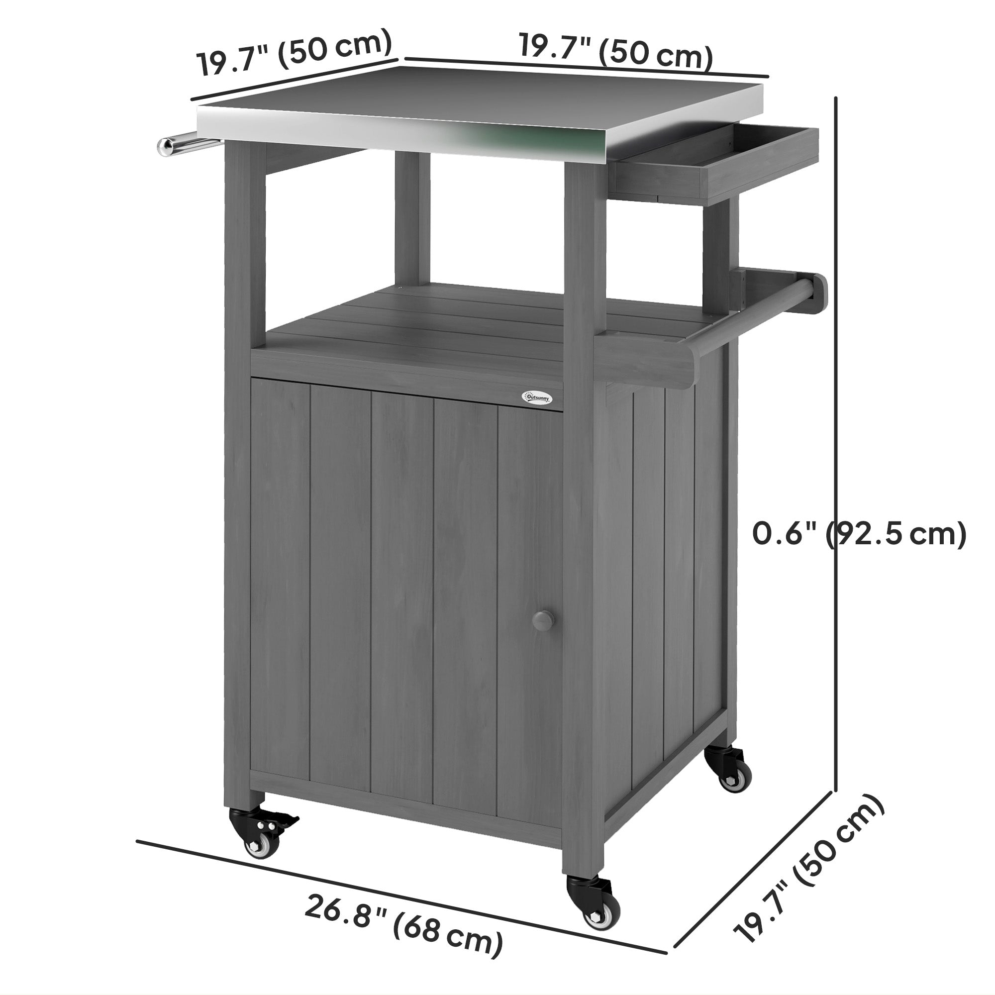 Grill Table with Stainless Steel Top, Pizza Oven Table with Storage Cabinet, Spice Rack, Wheels, Handle, Dark Grey