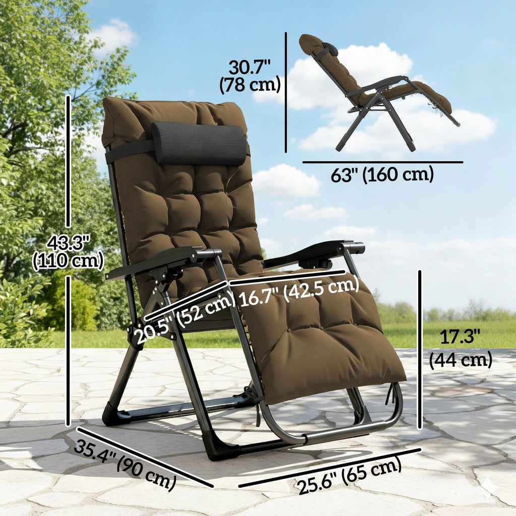 Folding Garden Chair, Reclining Zero Gravity Chair, Sun Lounger with Cushion and Headrest, Khaki