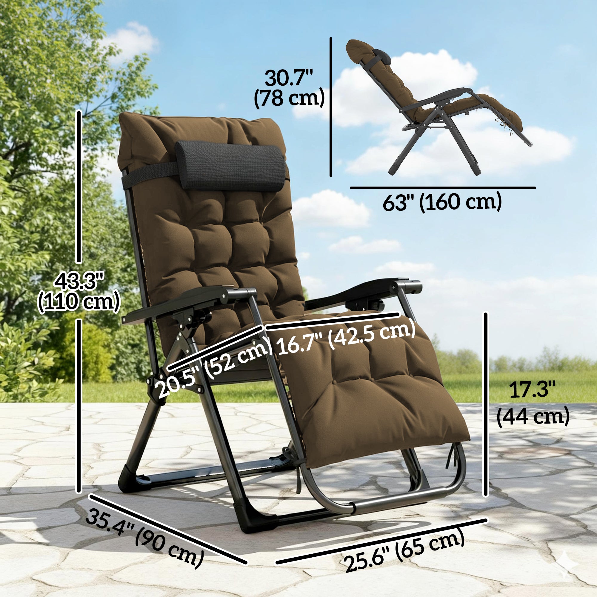 Folding Garden Chair, Reclining Zero Gravity Chair, Sun Lounger with Cushion and Headrest, Khaki