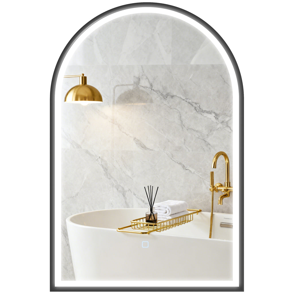 24" x 36" LED Bathroom Mirror, Arched Tempered Glass Wall Mirror, Anti-Fog, Dimmable, Memory Function, Black