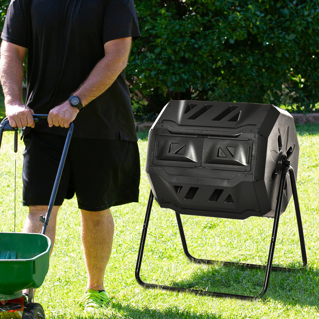 43 Gallon (160L) Tumbling Compost Bin Outdoor Dual Chamber 360Â° Rotating Composter with Sliding Doors, Solid Steel Frame and Gloves, Black