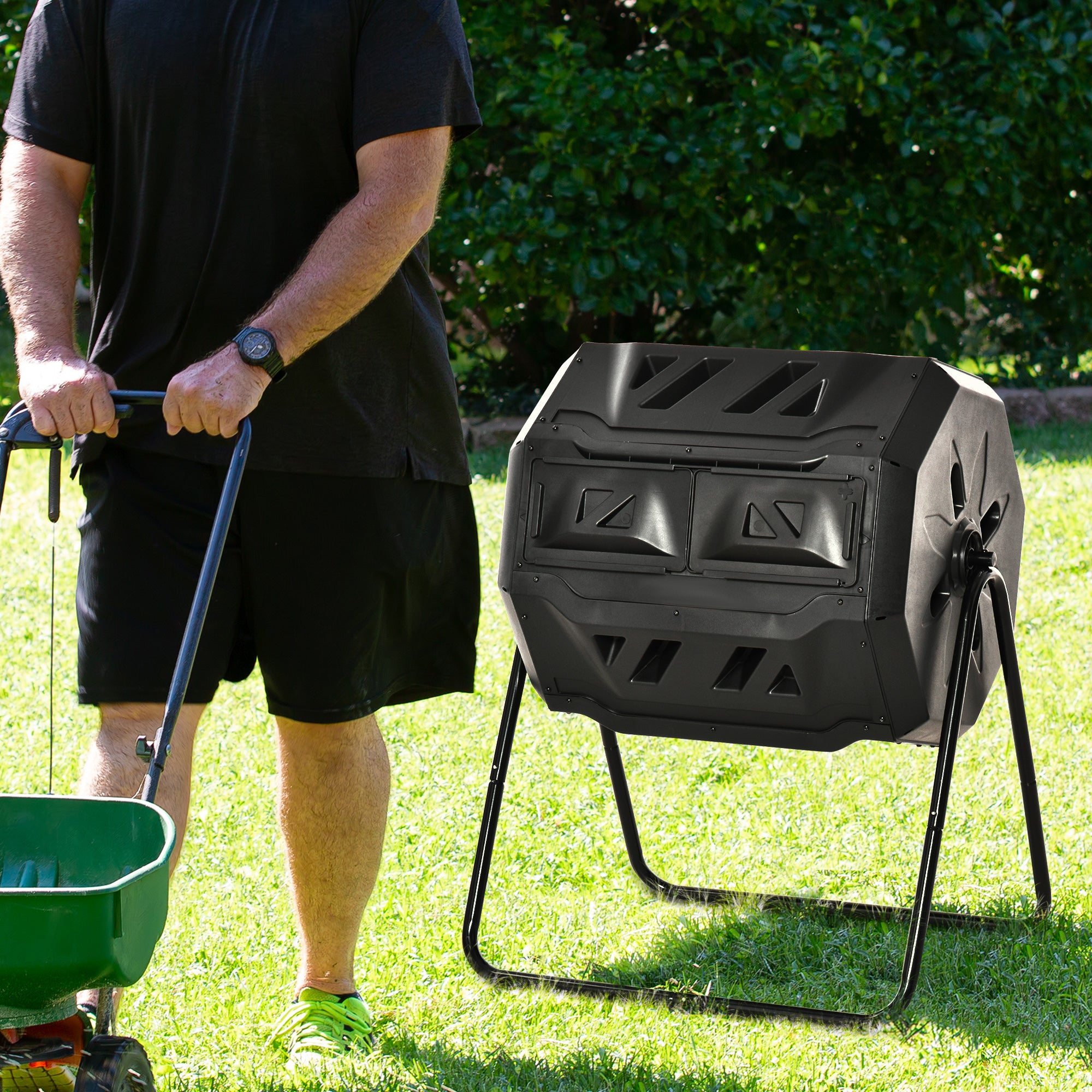 43 Gallon (160L) Tumbling Compost Bin Outdoor Dual Chamber 360Â° Rotating Composter with Sliding Doors, Solid Steel Frame and Gloves, Black