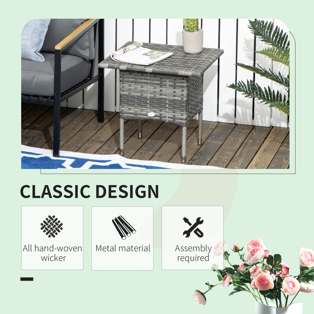 20" Patio Wicker Coffee Table, Outdoor Coffee Table with Plastic Board Underneath the Woven Tabletop for Patio, Garden, Balcony, Mixed Grey