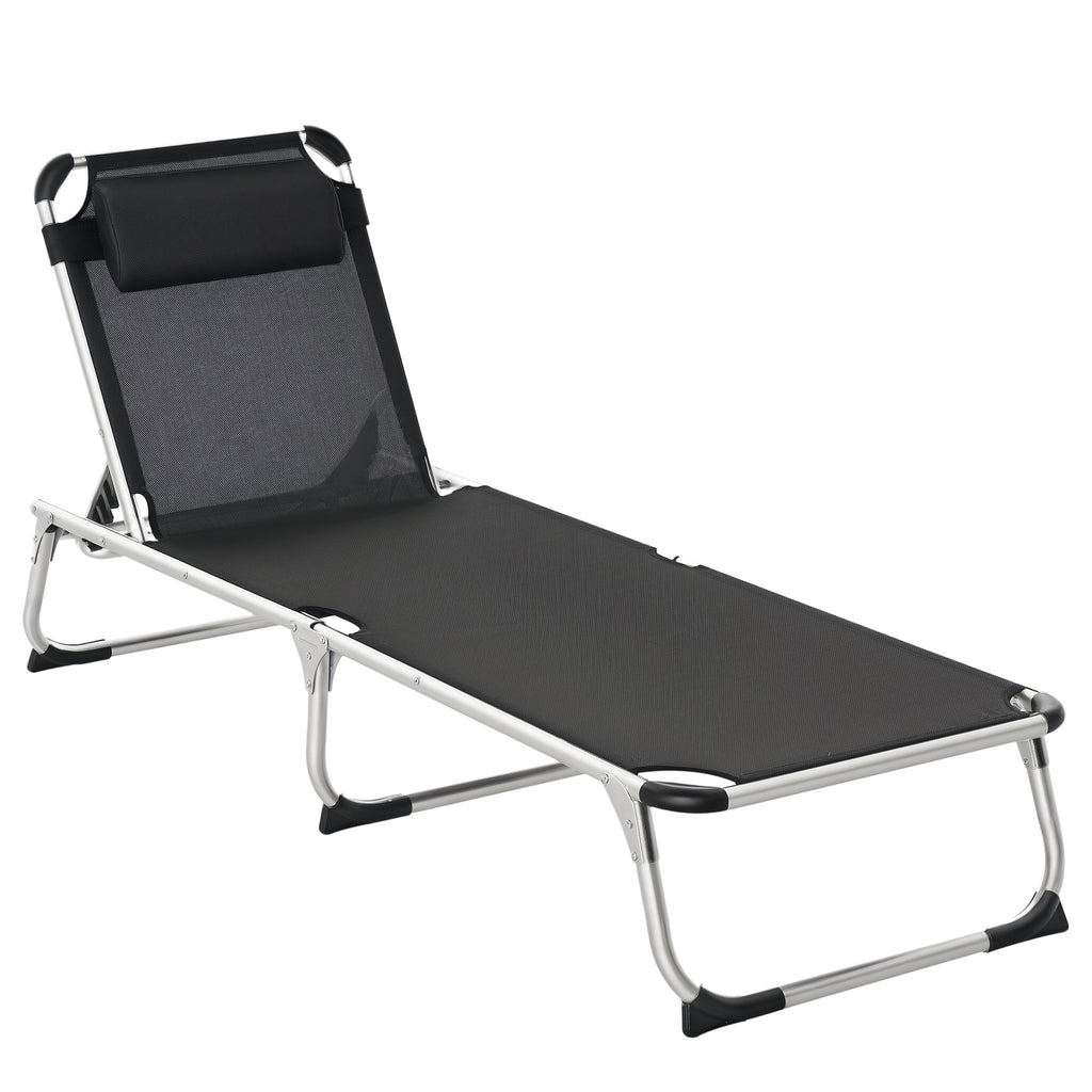 Folding Lounge Chair, Patio Lounger with Headrest, 5-Level Adjustable Backrest, and Aluminum Frame, Black