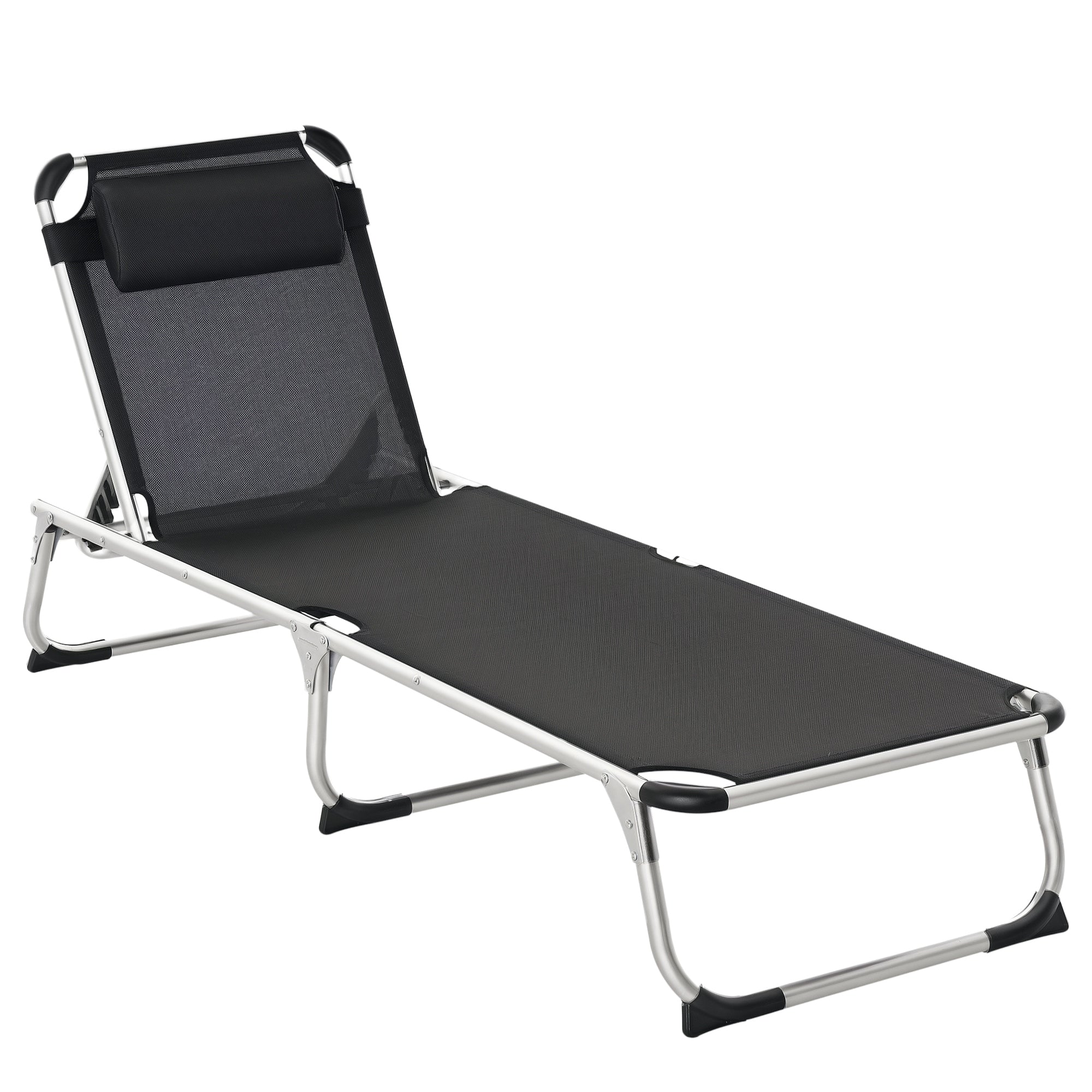 Folding Lounge Chair, Patio Lounger with Headrest, 5-Level Adjustable Backrest, and Aluminum Frame, Black