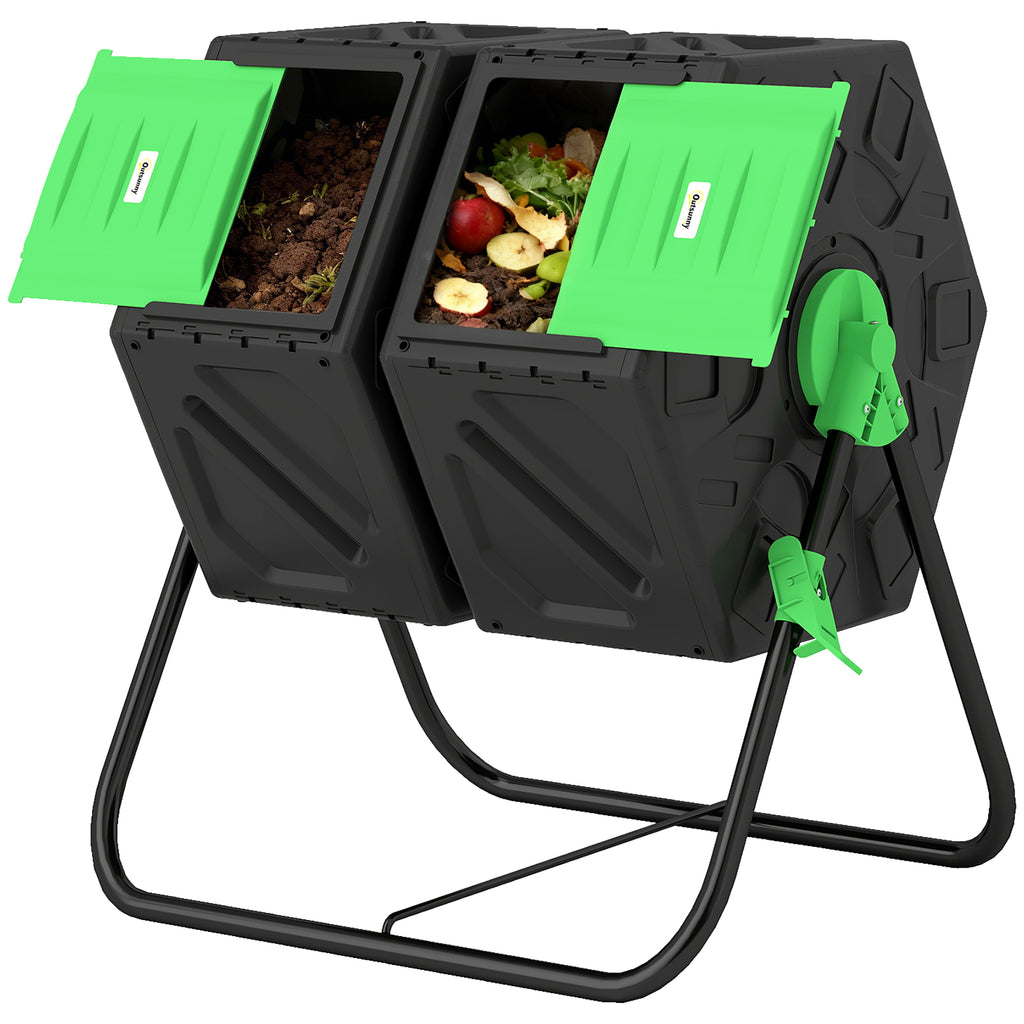 Rotating Composter, Dual Chamber Compost Bin with 24 Vents and Steel Legs, 34.5 Gallon, Green