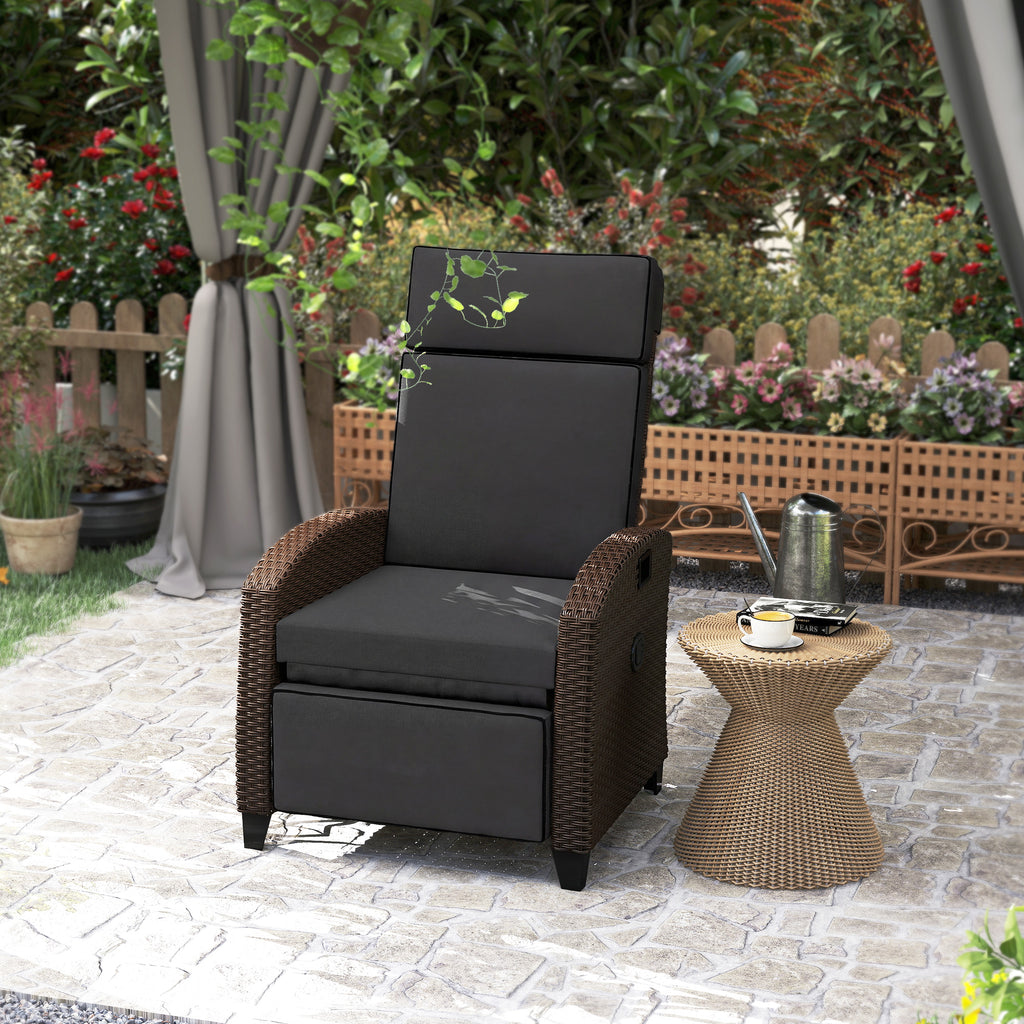 Outdoor Recliner Chair with Adjustable Backrest, Cushion, Side Tray, Black