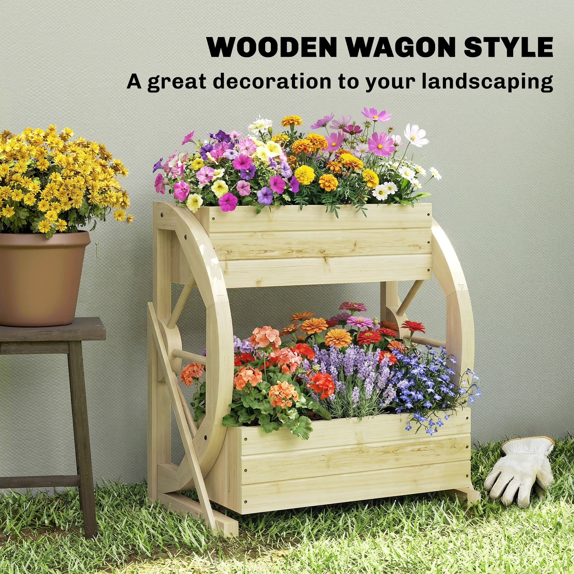 Wooden Wagon Planter Box, 2-Tier Raised Garden Bed, for Vegetables Flowers Herbs, Natural