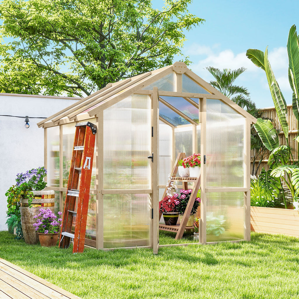 6.6 x 6ft Polycarbonate Greenhouse Wooden Green House with Thickened Polycarbonate Sheets, Lockable Door, Brown