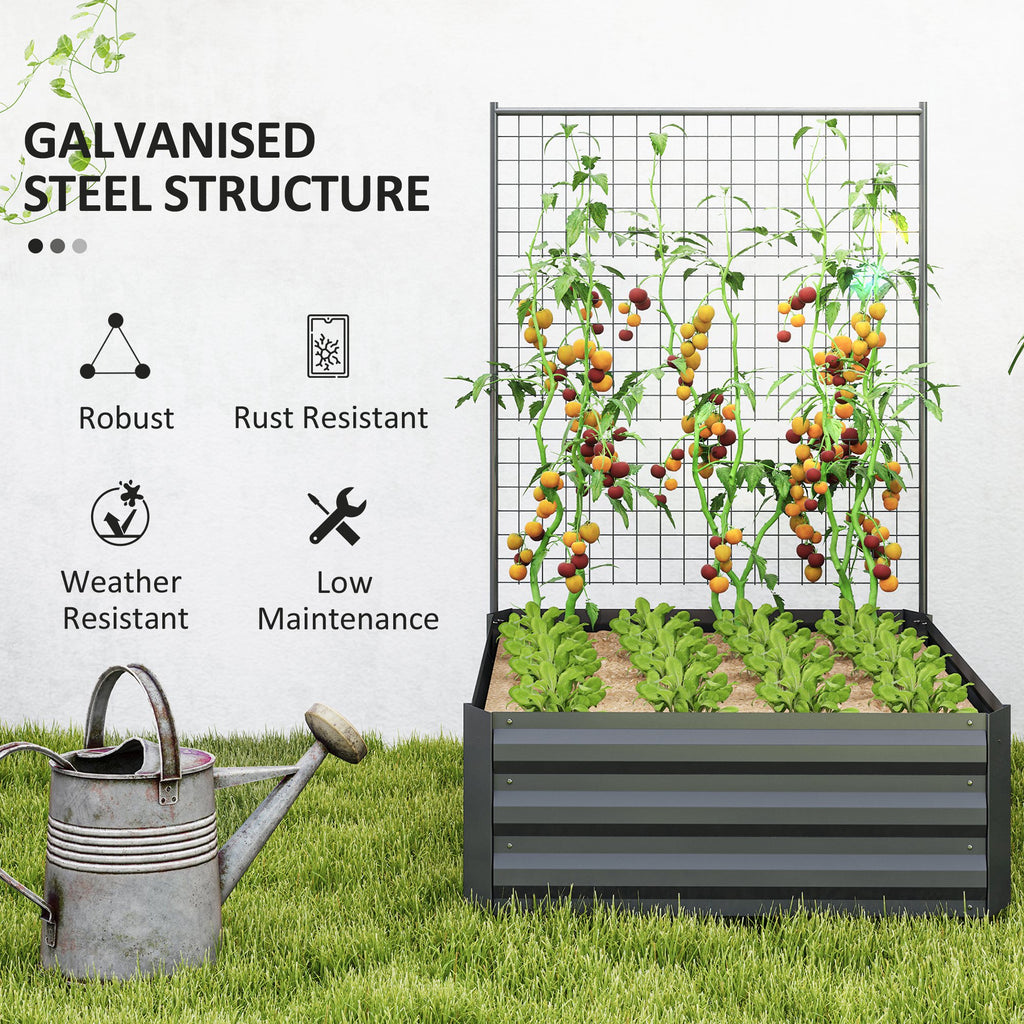 Galvanized Raised Garden Bed with Trellis for Climbing Plants, Outdoor Planter Box with Open Bottom, Dark Grey