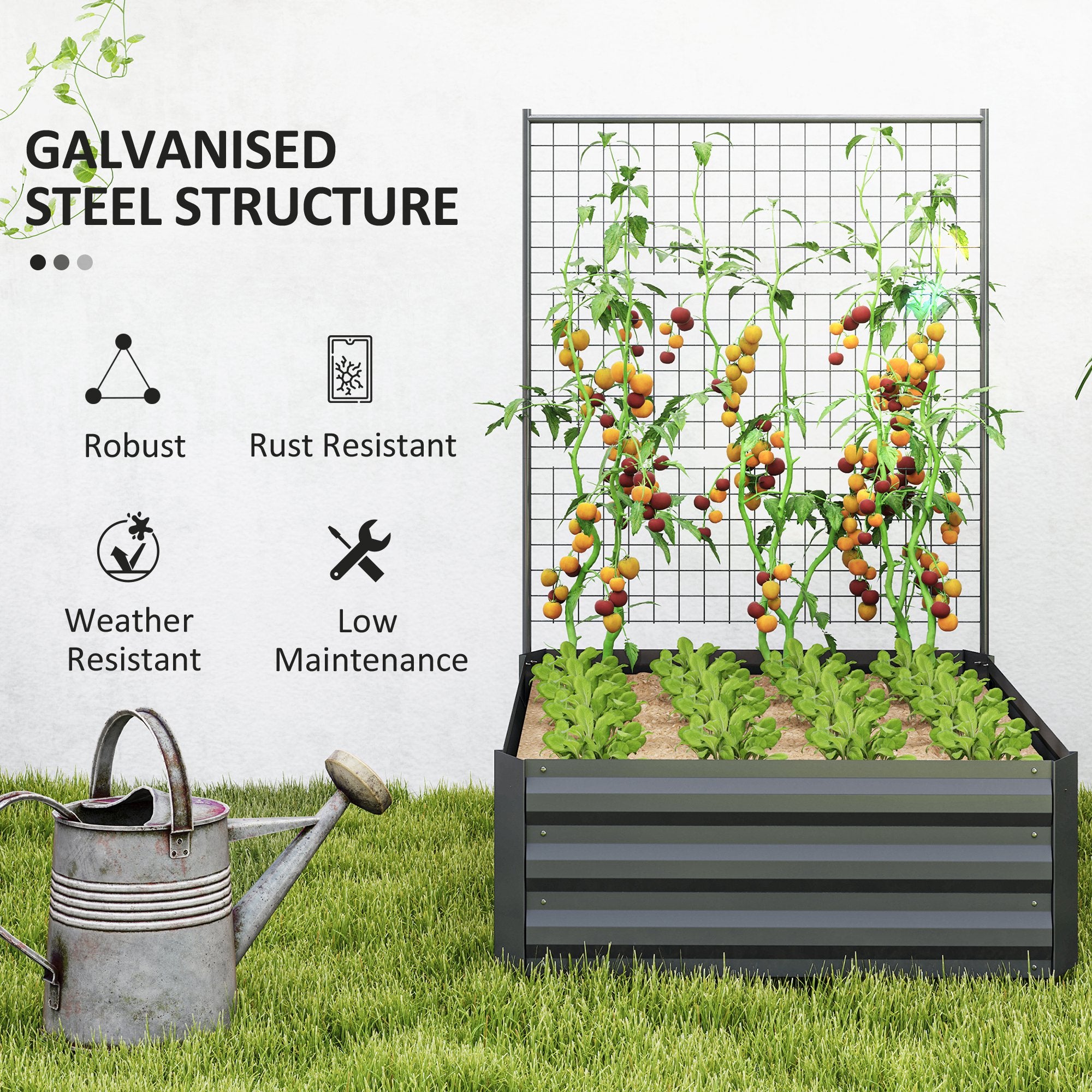 Galvanized Raised Garden Bed with Trellis for Climbing Plants, Outdoor Planter Box with Open Bottom, Dark Grey