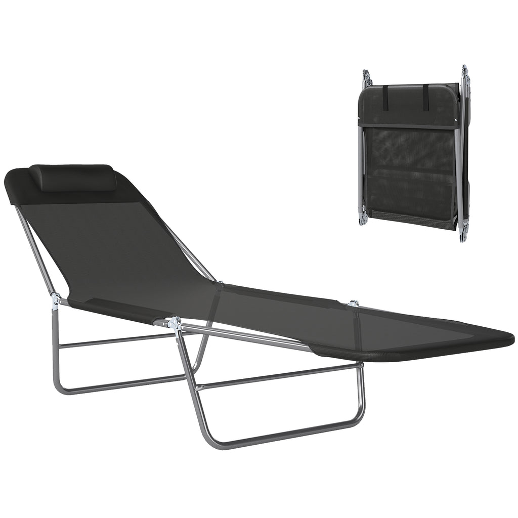 Outdoor Lounge Chair, Portable Adjustable Reclining Seat Folding Chaise Lounge Patio Camping Beach Tanning Chair Bed with Pillow, Black