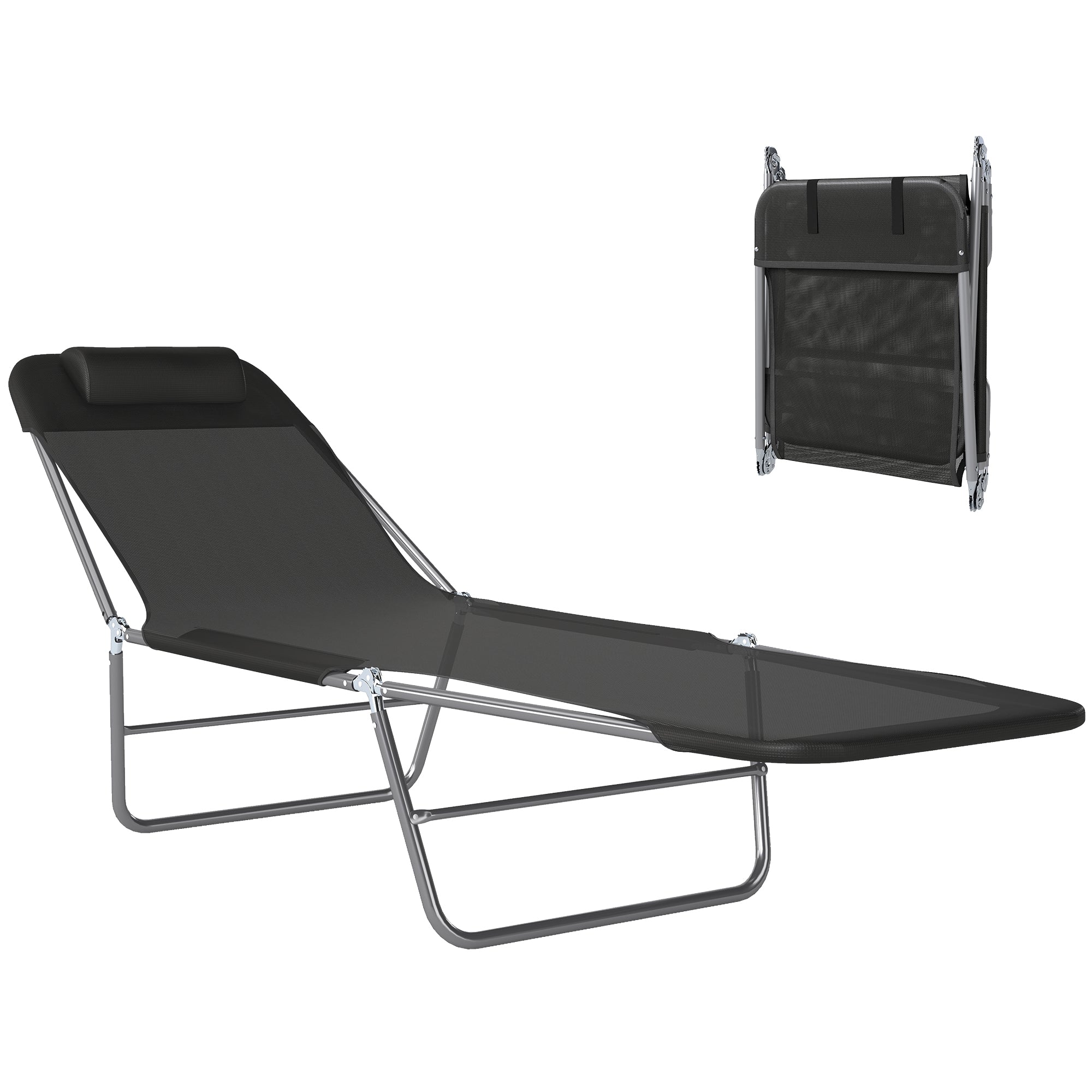 Outdoor Lounge Chair, Portable Adjustable Reclining Seat Folding Chaise Lounge Patio Camping Beach Tanning Chair Bed with Pillow, Black