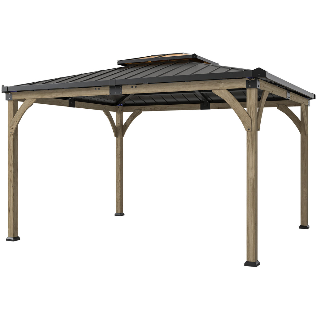 12' x 14' Hardtop Gazebo Canopy with Galvanized Steel Roof, Wood Frame, Double Roof Outdoor Gazebo, Light Walnut