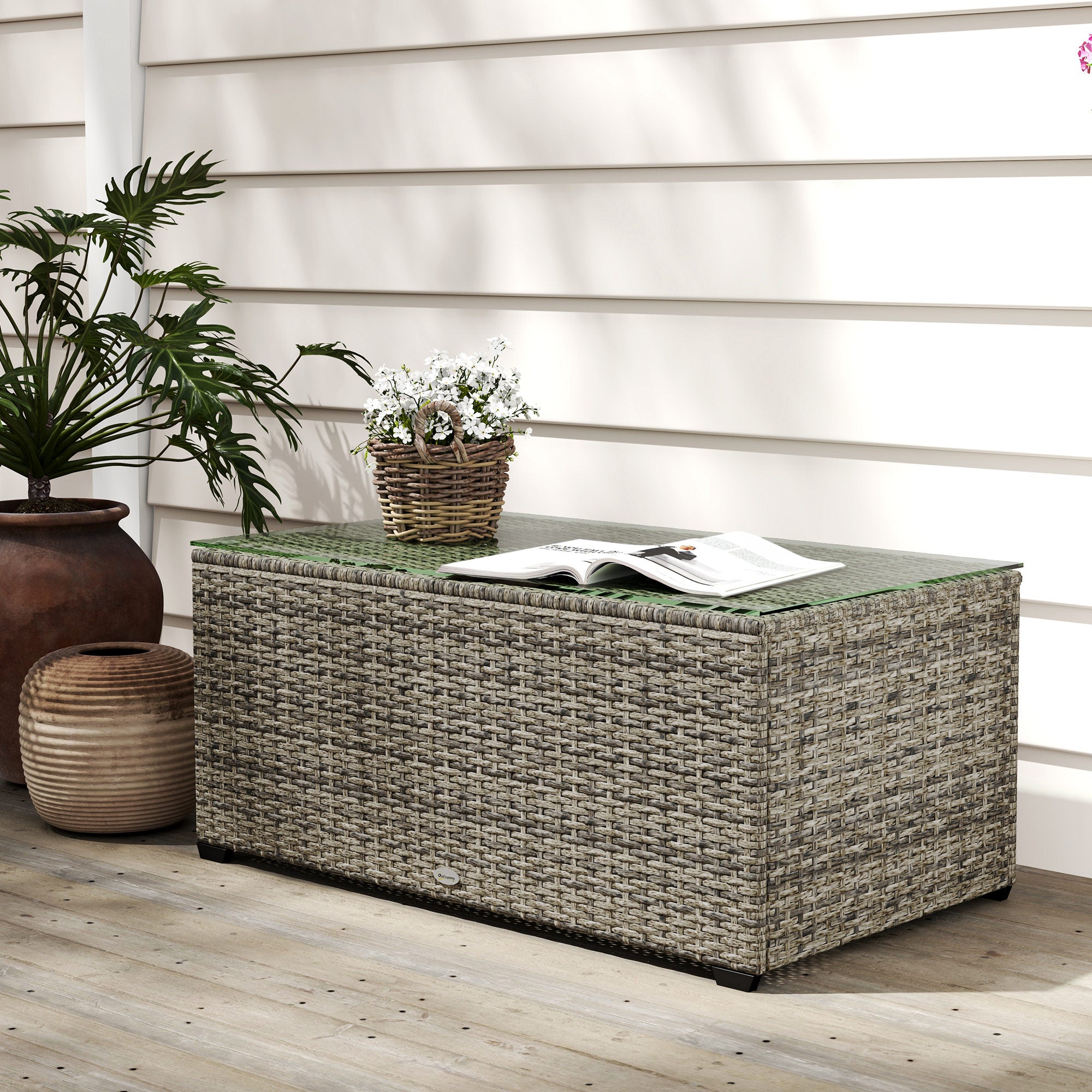 Wicker Outdoor Coffee Table, PE Wicker Rectangular Patio Table with Tempered Glass Top for Garden, Balcony, Dark Grey
