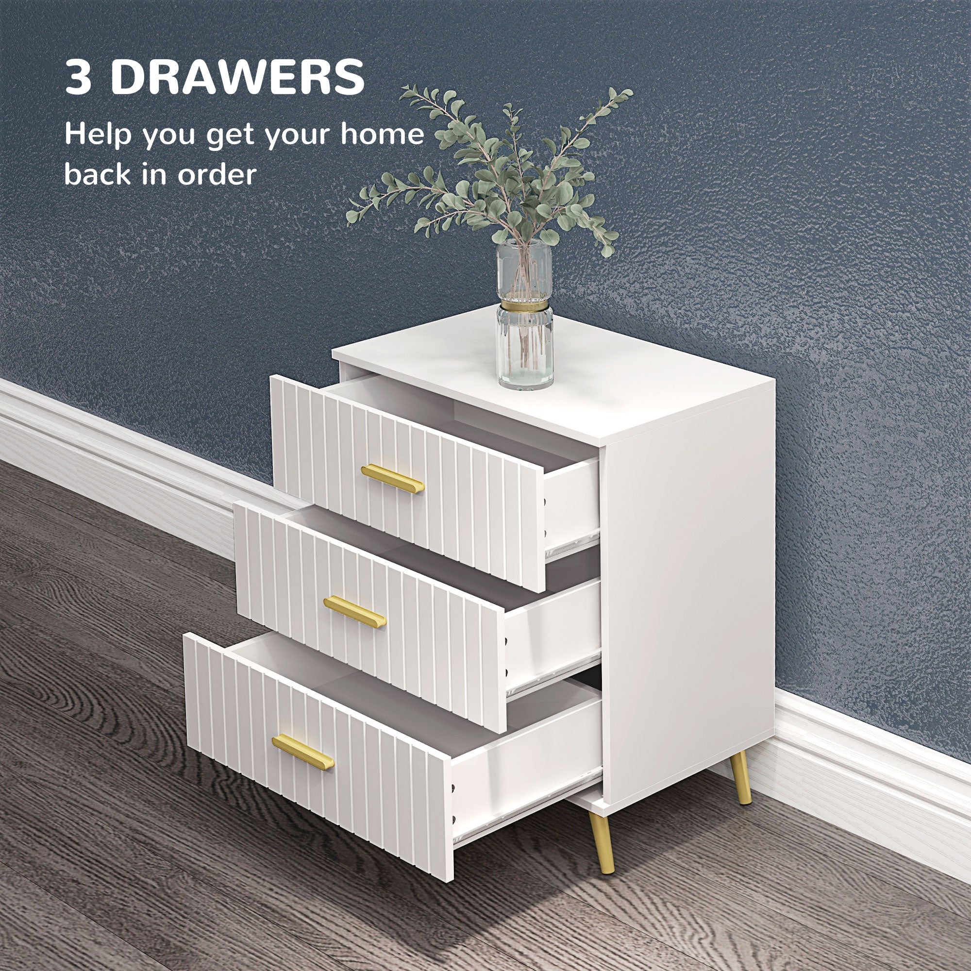 3 Drawer Cabinet, Drawer Chest for Bedroom, Chest of Drawers with Aluminium Legs and Gold Handles, White