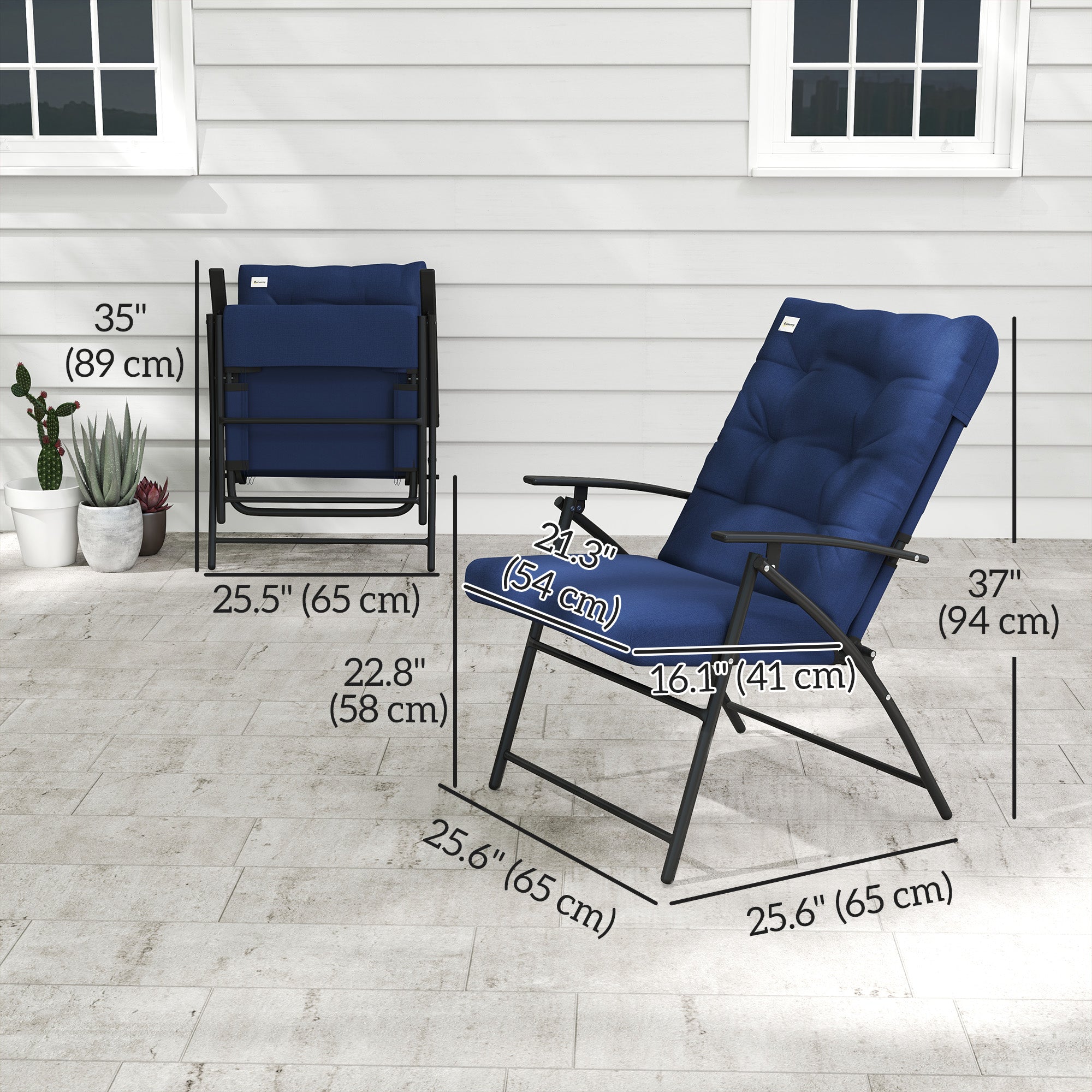 Set of 2 Outdoor Folding Chairs with Adjustable Backrest, Padded Camping Chairs for Outdoor Events, Blue