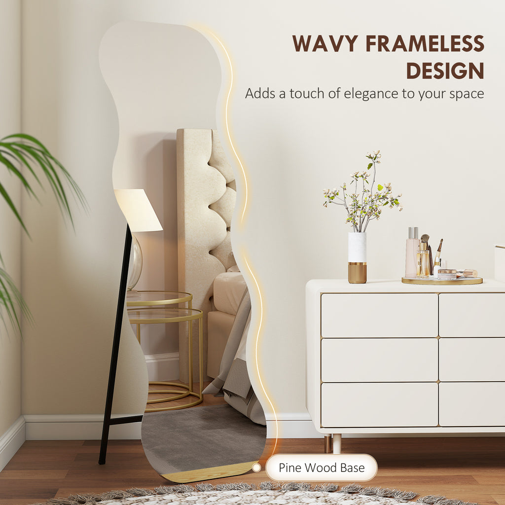 64" x 21" Full Length Mirror, Irregular Wavy Frameless Full Body Mirror with Pine Wood Base for Bedroom, Black