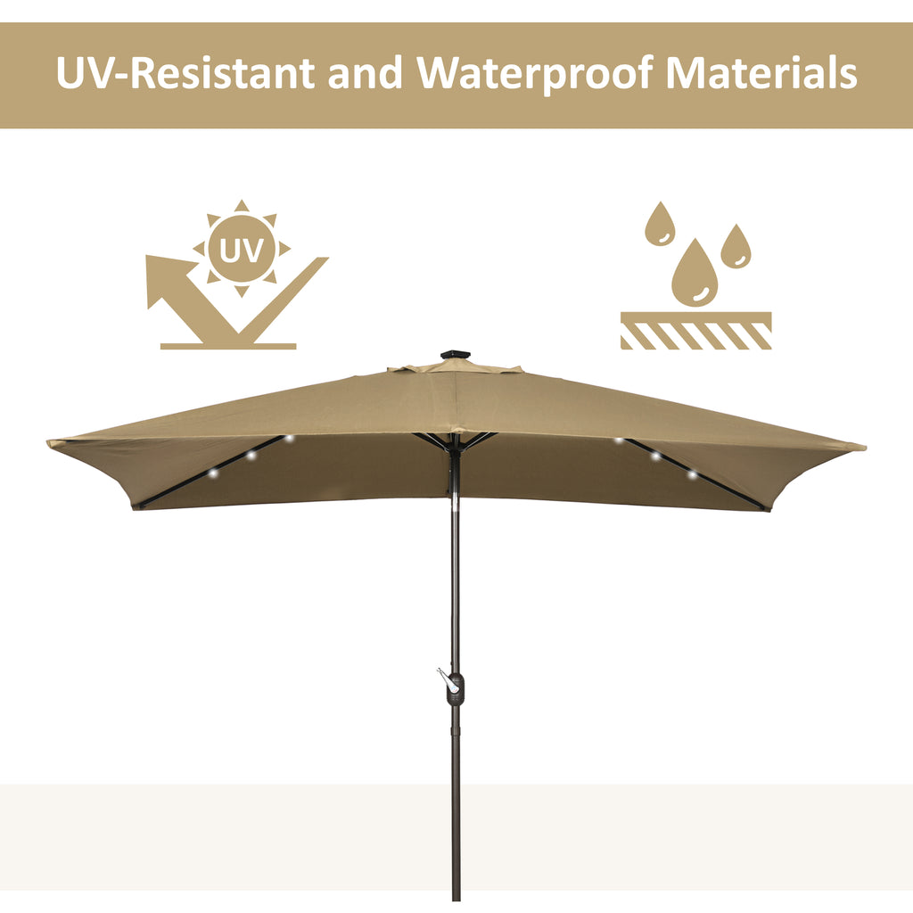 6.5x10ft Patio Umbrella Rectangle Solar Powered Tilt Aluminum Outdoor Market Parasol with LEDs Crank (Light Coffee)
