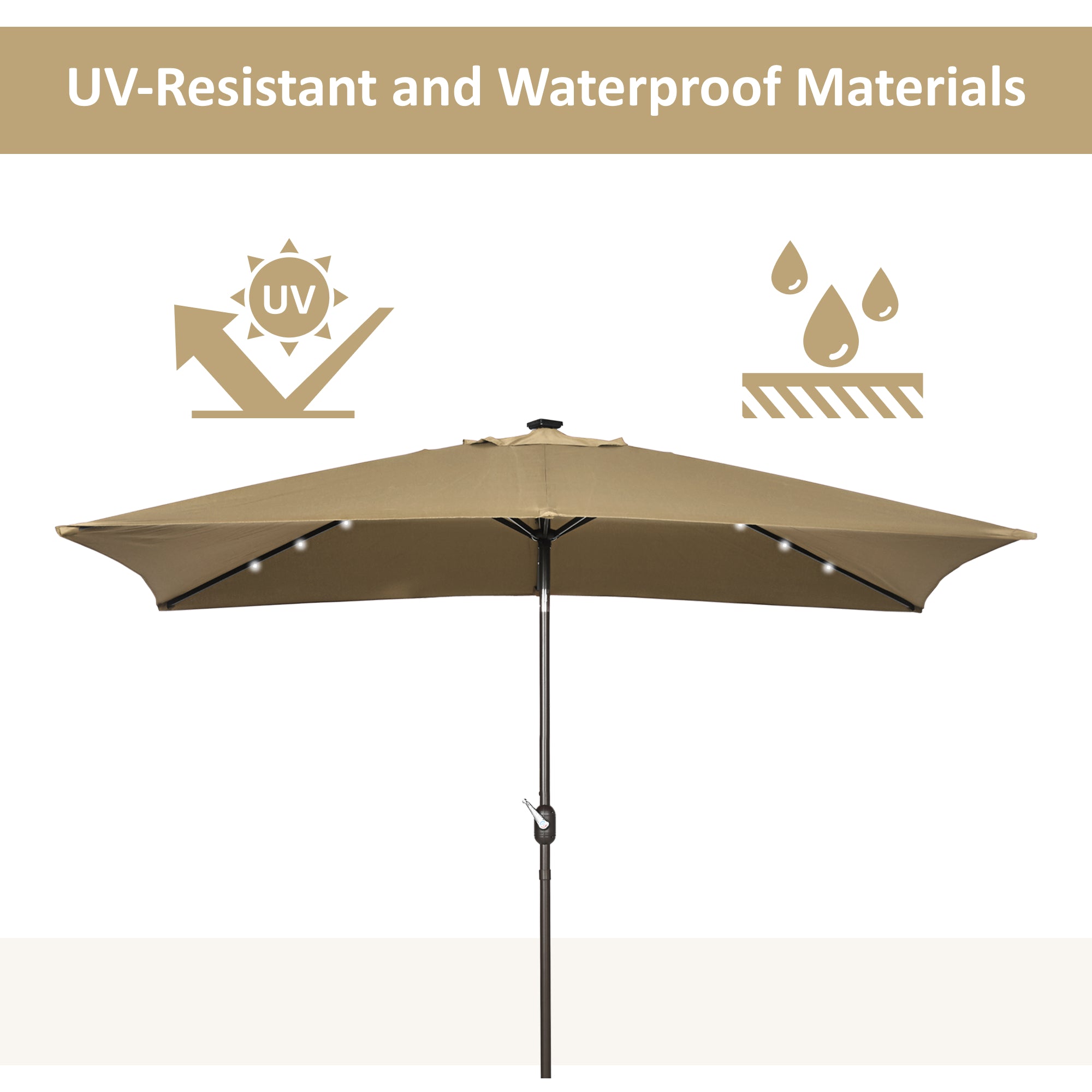 6.5x10ft Patio Umbrella Rectangle Solar Powered Tilt Aluminum Outdoor Market Parasol with LEDs Crank (Light Coffee)