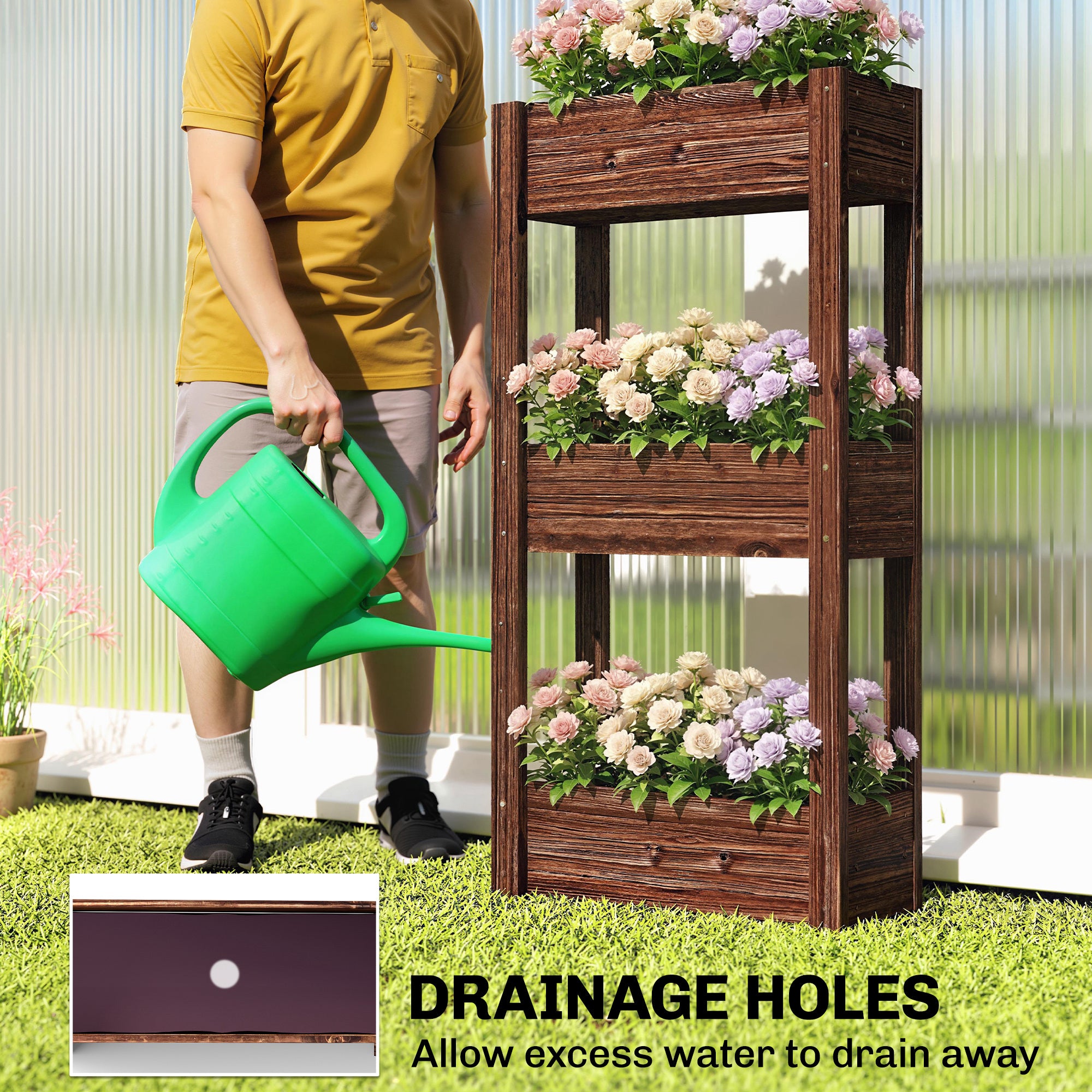 3-Tier Wooden Raised Garden Bed with Legs, 23.6" x 9.8" x 47.2" Elevated Planter Box with Drainage Holes and Bed Liner