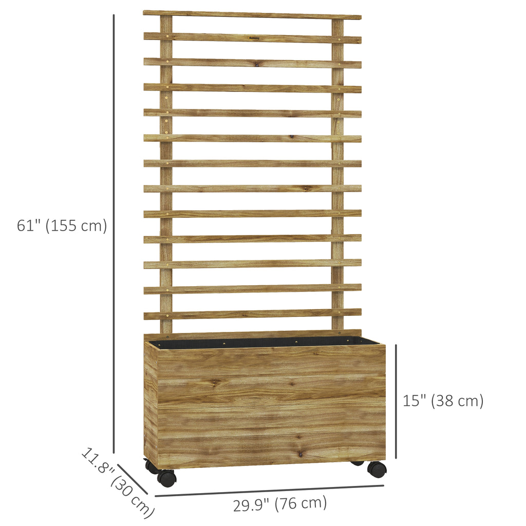 Wooden Planter with Trellis, Raised Garden Bed with 4 Wheels for Climbing Plants, 30" x 12" x 61", Nature Wood