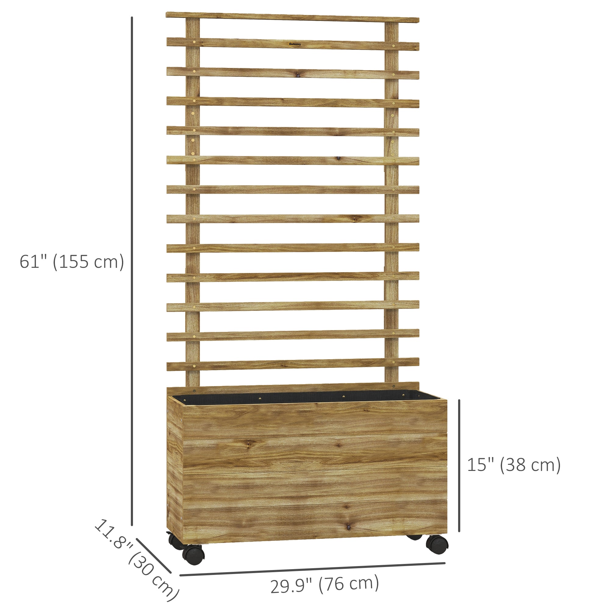Wooden Planter with Trellis, Raised Garden Bed with 4 Wheels for Climbing Plants, 30" x 12" x 61", Nature Wood