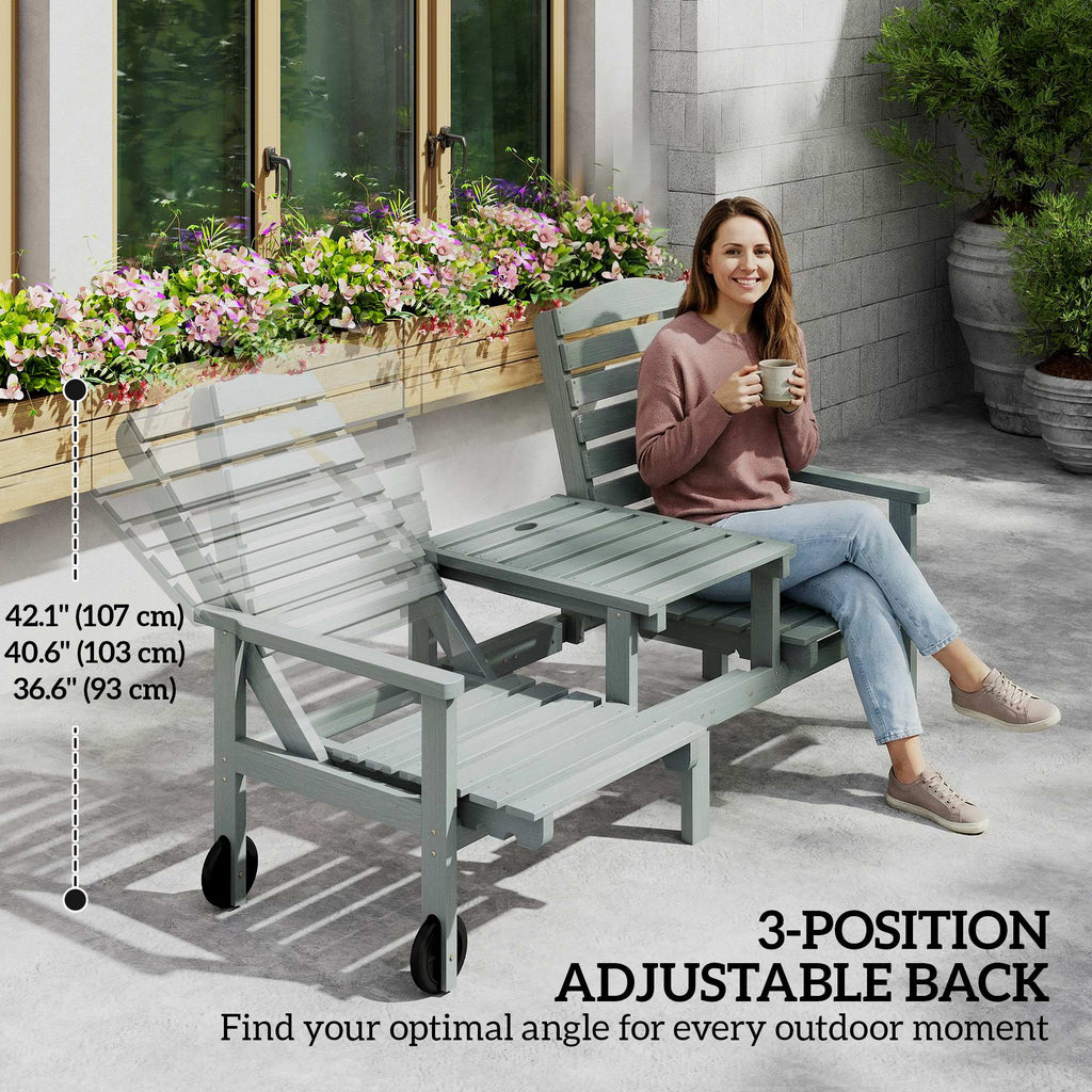 Outdoor Bench with Wheels and 3-Position Adjustable High Back, 2 Seater Outdoor Loveseat with Umbrella Hole, Grey