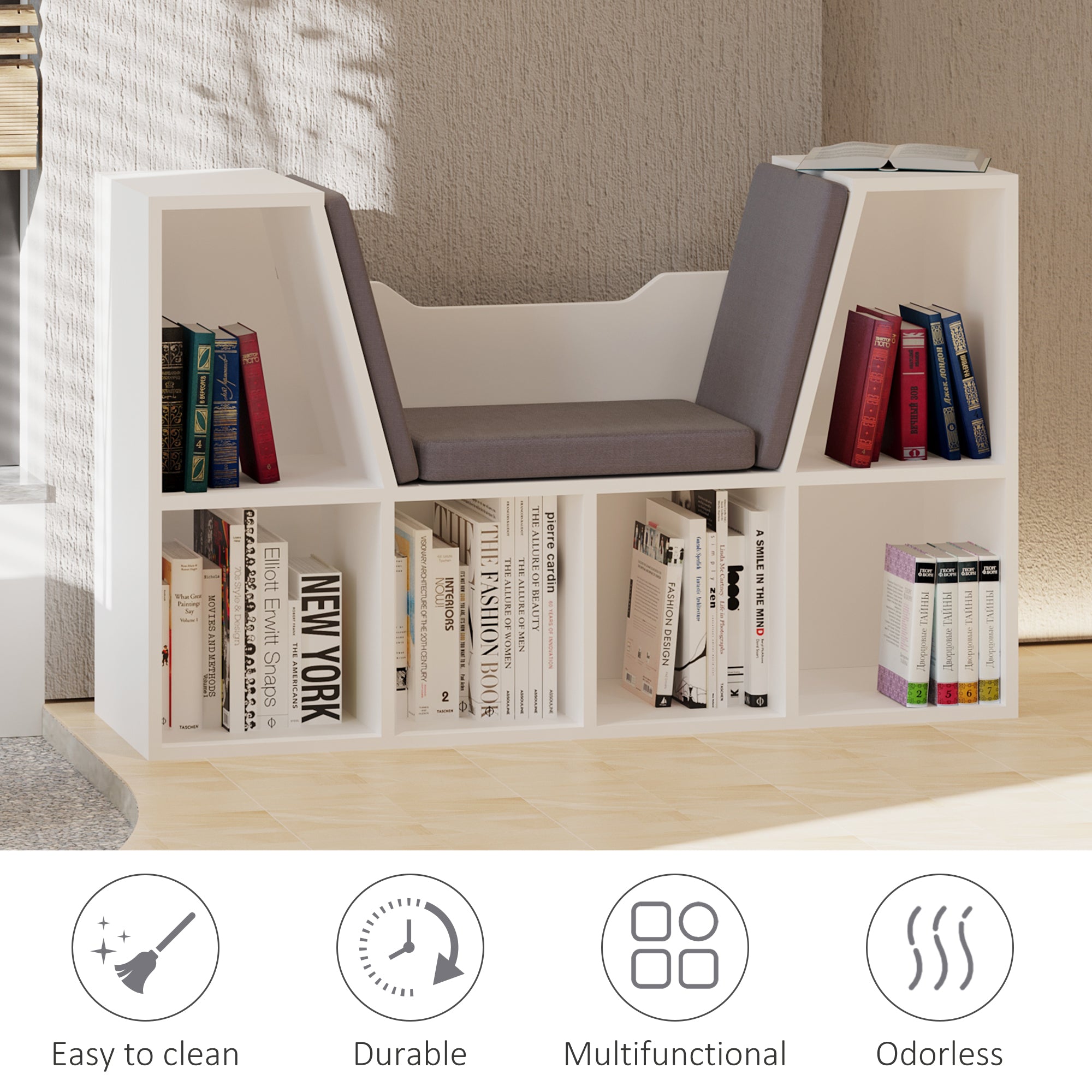 6-Cubby Bookcase with Seat Cushion, Cube Storage Shelf with Reading Nook for Home Office, Study, Grey