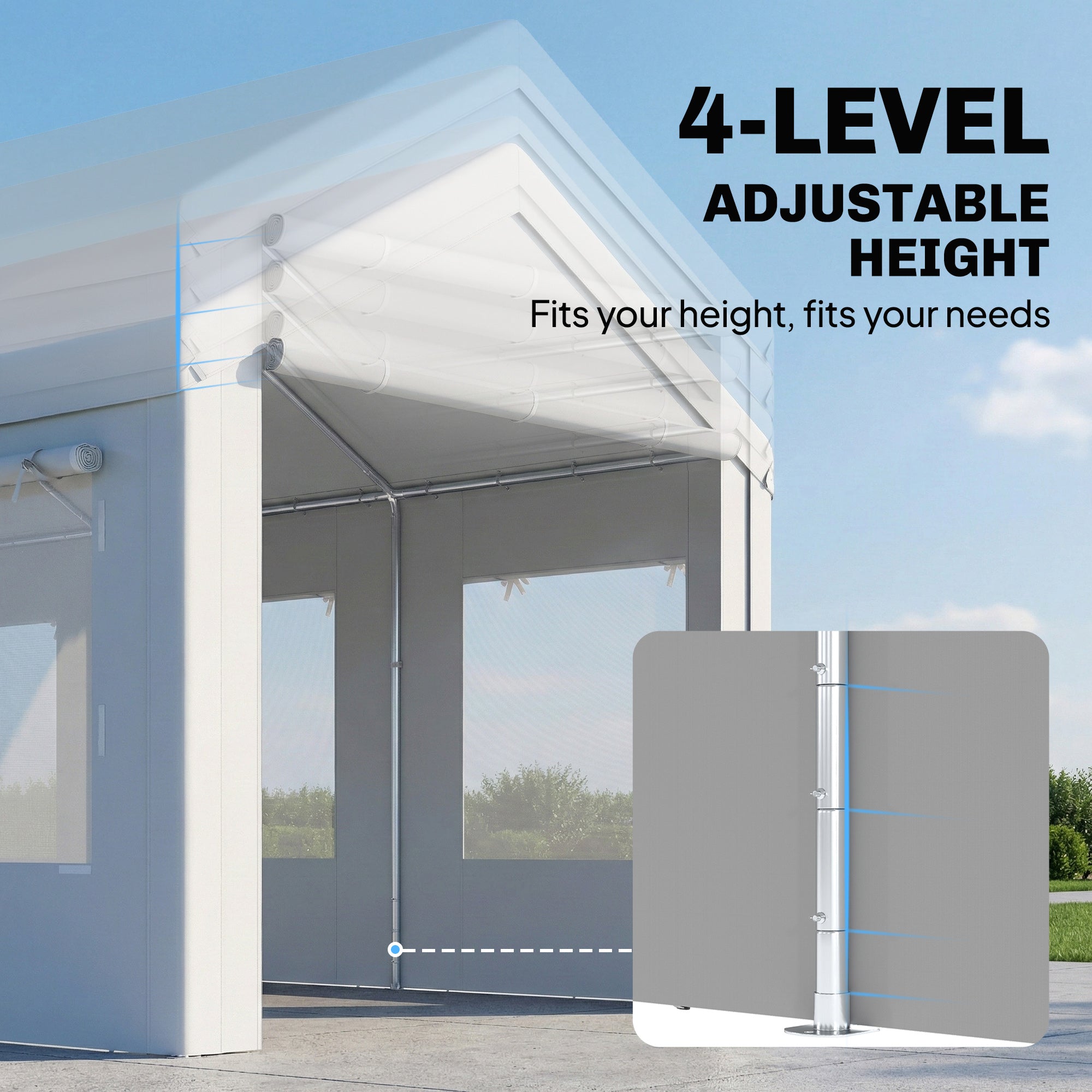 10' x 20' Heavy Duty Carport, Height Adjustable Portable Garage Car Canopy Tent Shelter with Doors, Windows, White