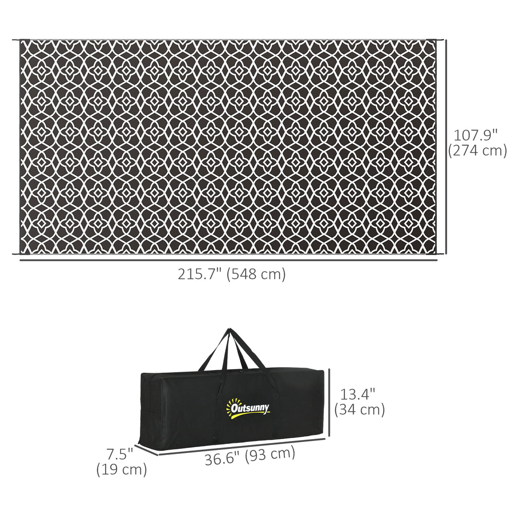 Reversible Outdoor Rug, Waterproof Plastic Straw RV Rug with Carry Bag, 9' x 18', Black and White Clover