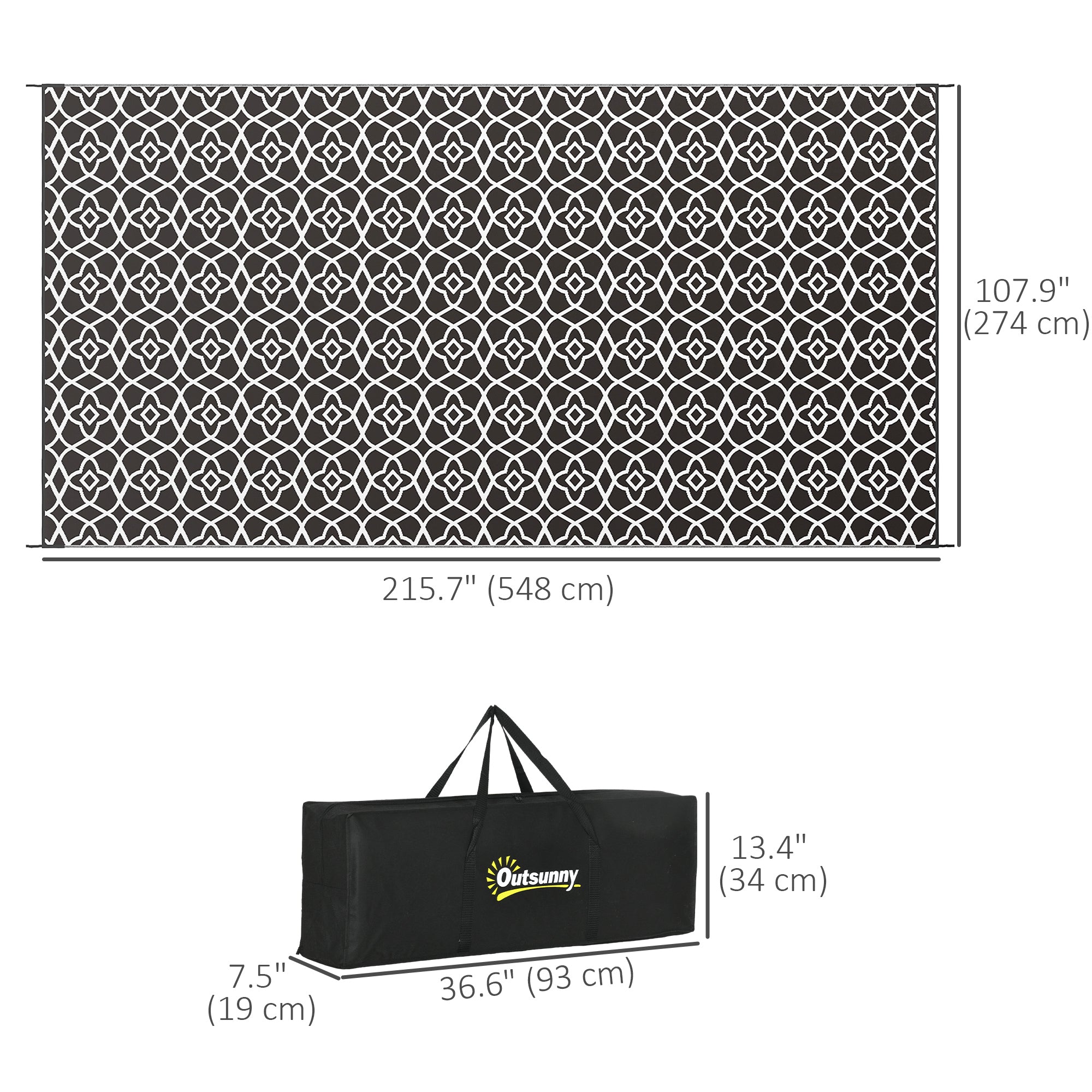 Reversible Outdoor Rug, Waterproof Plastic Straw RV Rug with Carry Bag, 9' x 18', Black and White Clover